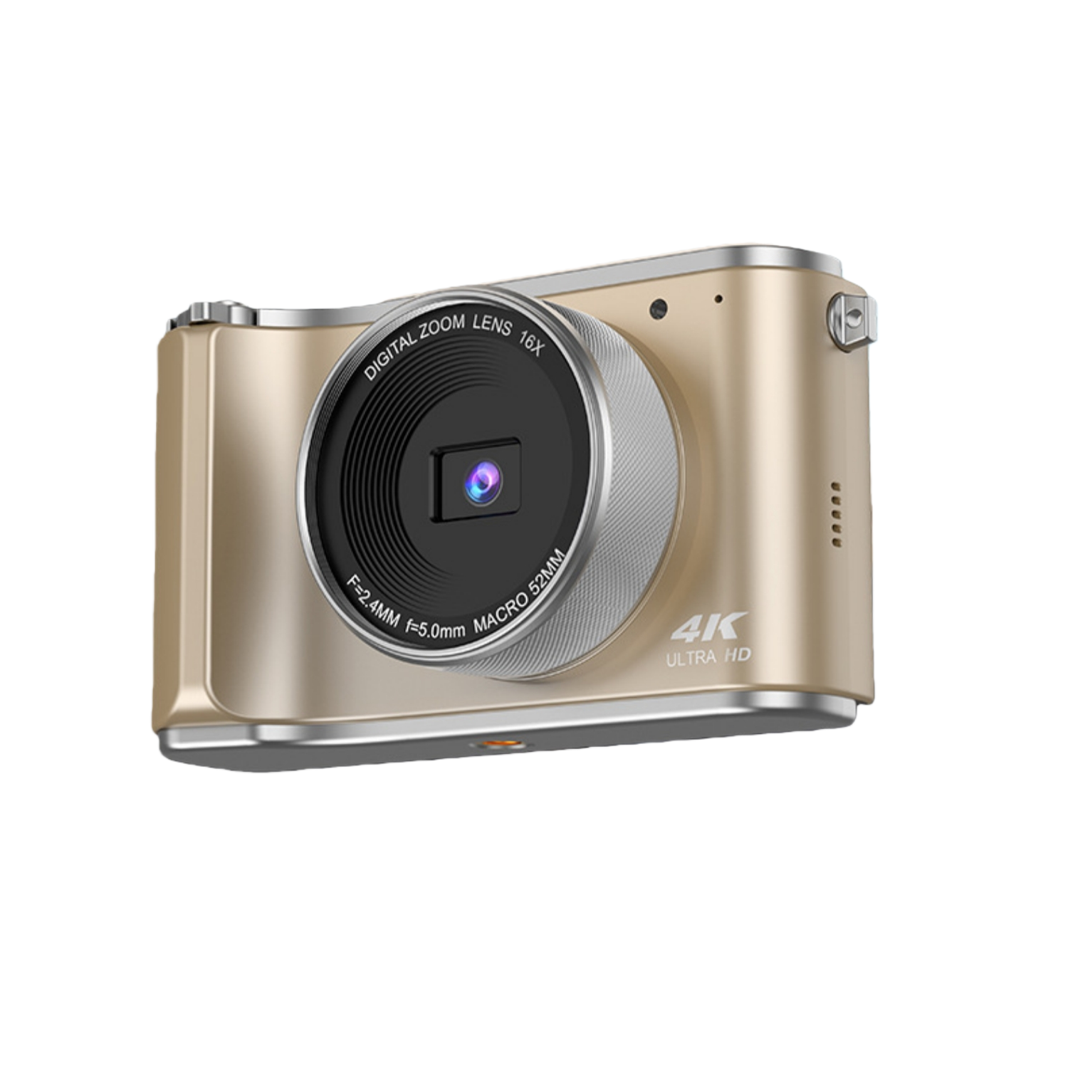 Goldene Digitalkamera mit 16-fachem Zoom und 4K Ultra HD-Logo.