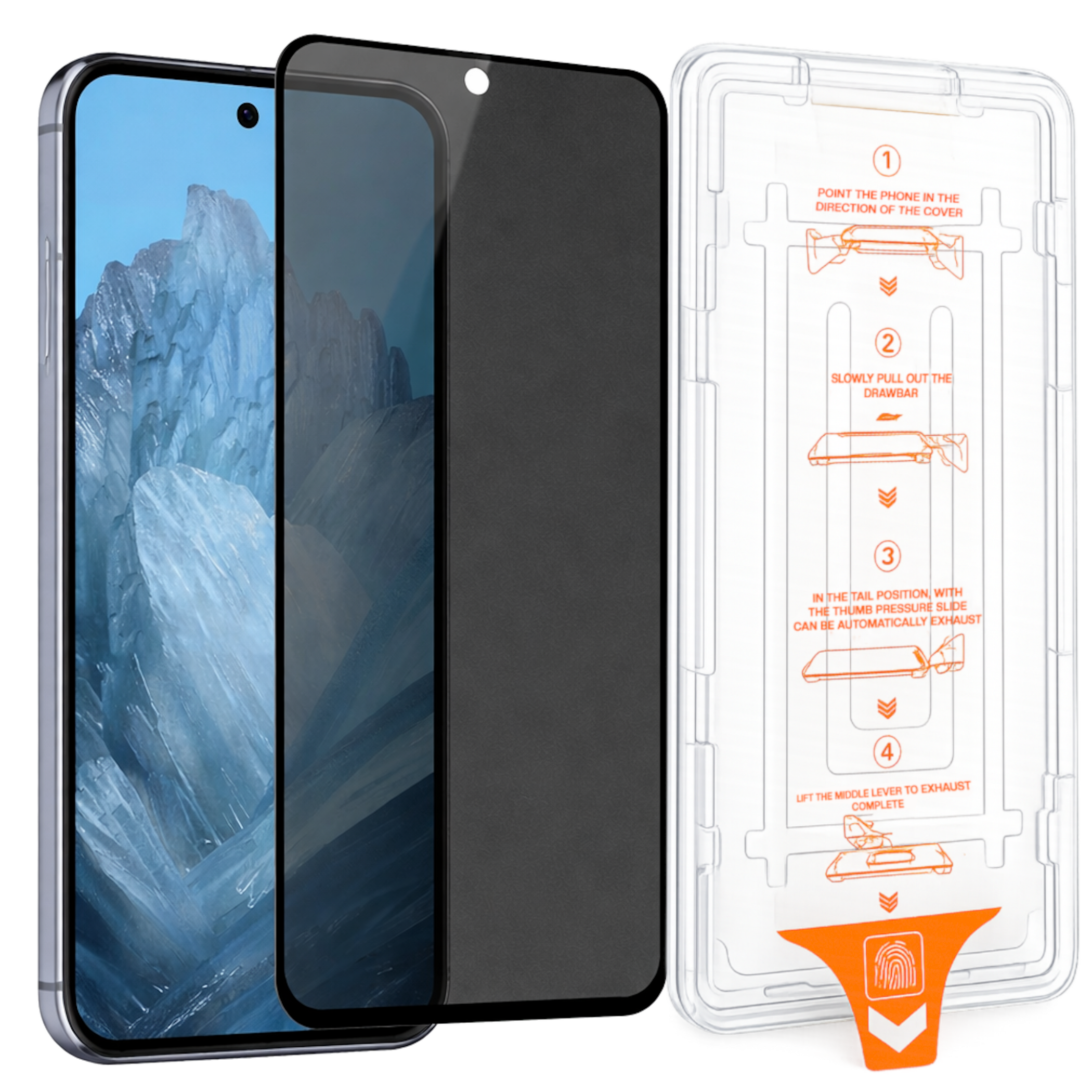Ein Smartphone mit einem Displayschutz und einer Anleitung im Klartext-Einbaugehäuse.