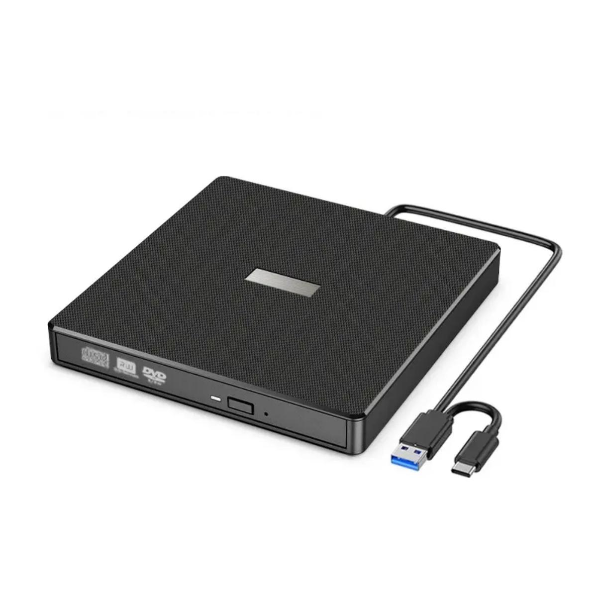 Schwarzer externer USB-DVD-Brenner mit schwarzem Kabel und USB-A/USB-C-Anschlüssen.