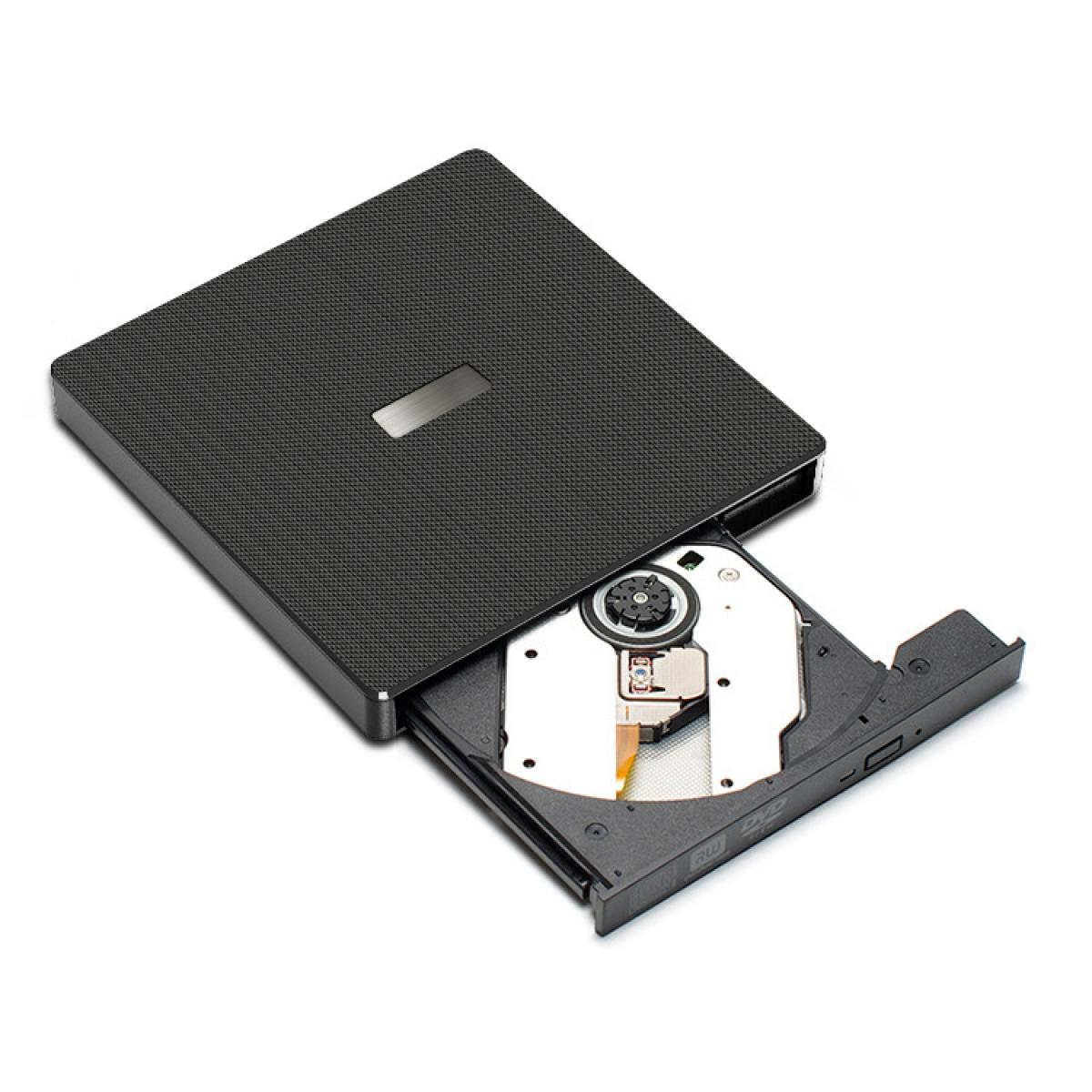 Ein schwarzes externes CD/DVD-Laufwerk mit ausgefahrener Schublade und sichtbarem Laufwerk.