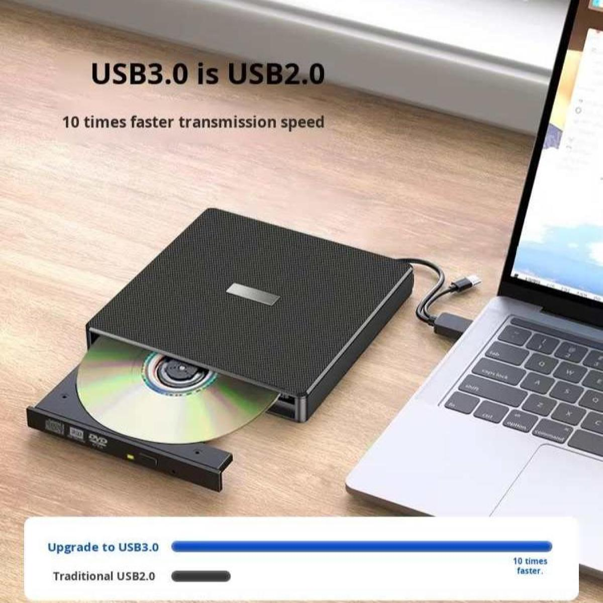 Externes USB 3.0 CD/DVD-Laufwerk an Laptop angeschlossen. Text vergleicht Geschwindigkeiten.