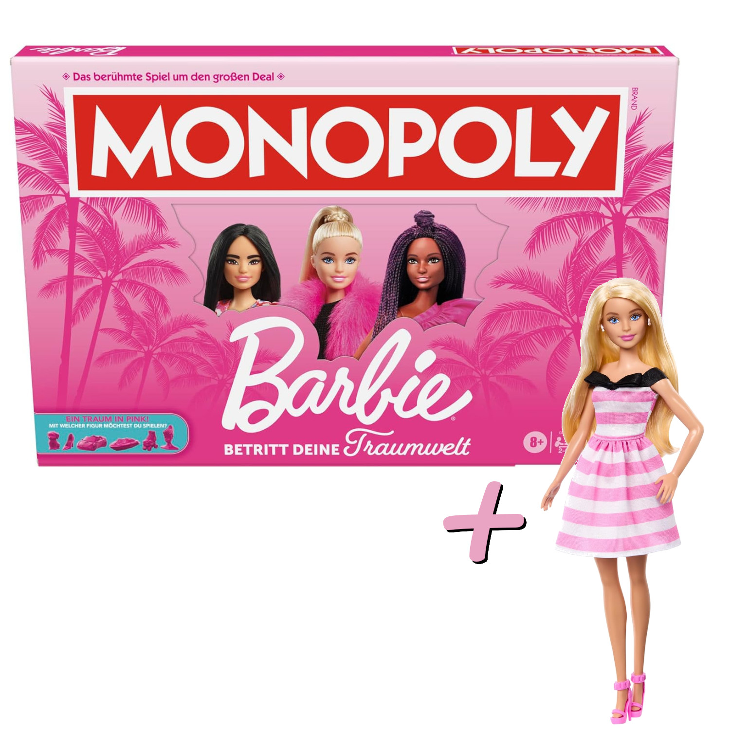 Barbie Monopoly Spielbrett mit Barbie-Puppe und pinken Palmen. Alter 8+.