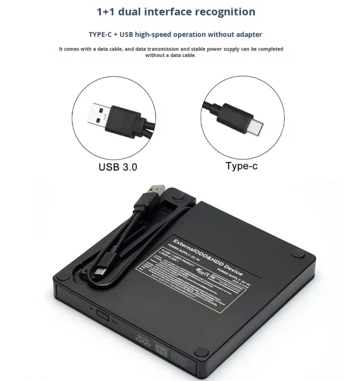 Schwarzes externes ODD/HDD-Gerät mit USB 3.0 und Typ-C-Anschlüssen, inklusive Kabel.