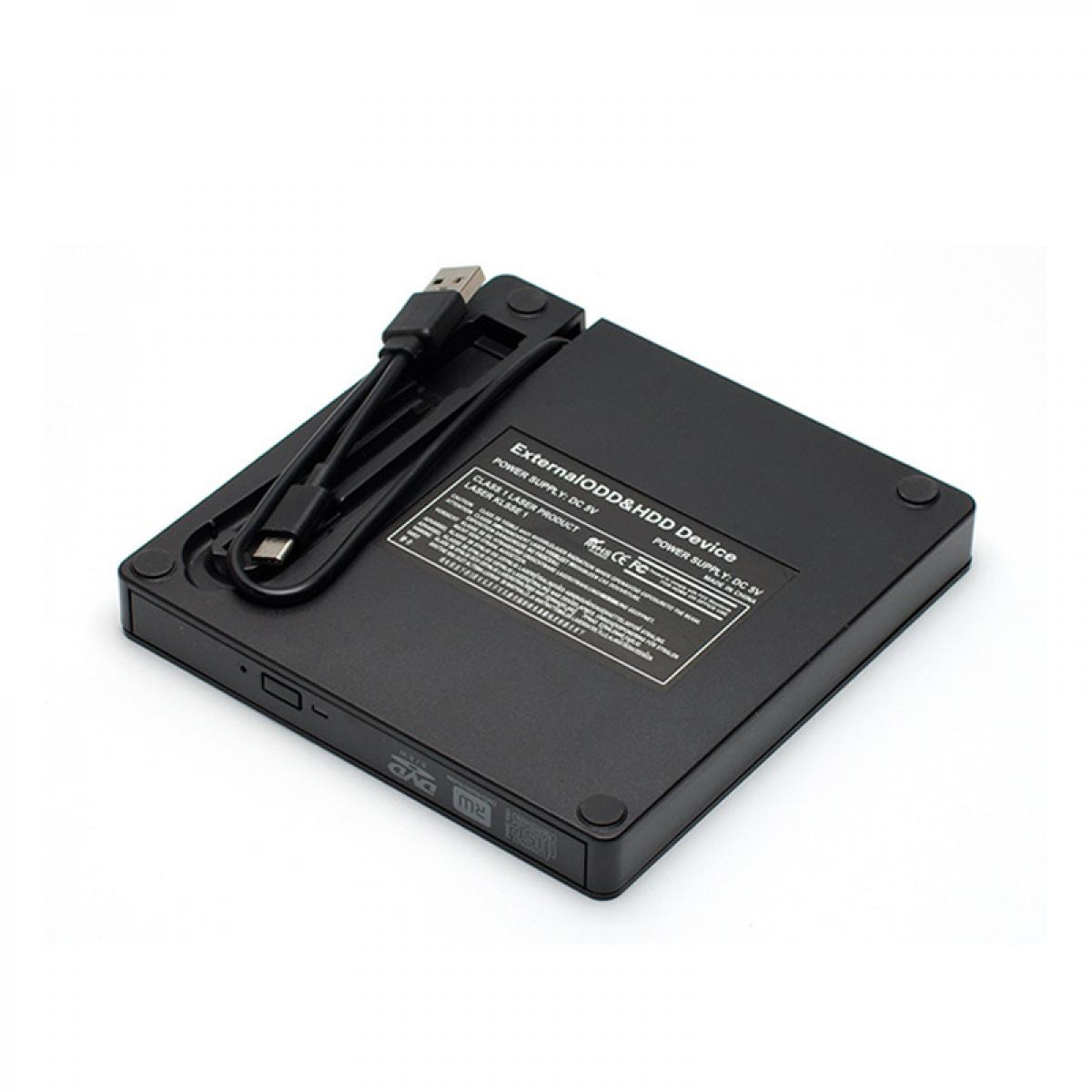 Schwarzes externes ODD/HDD-Gerät mit USB-Kabel auf weißem Hintergrund.