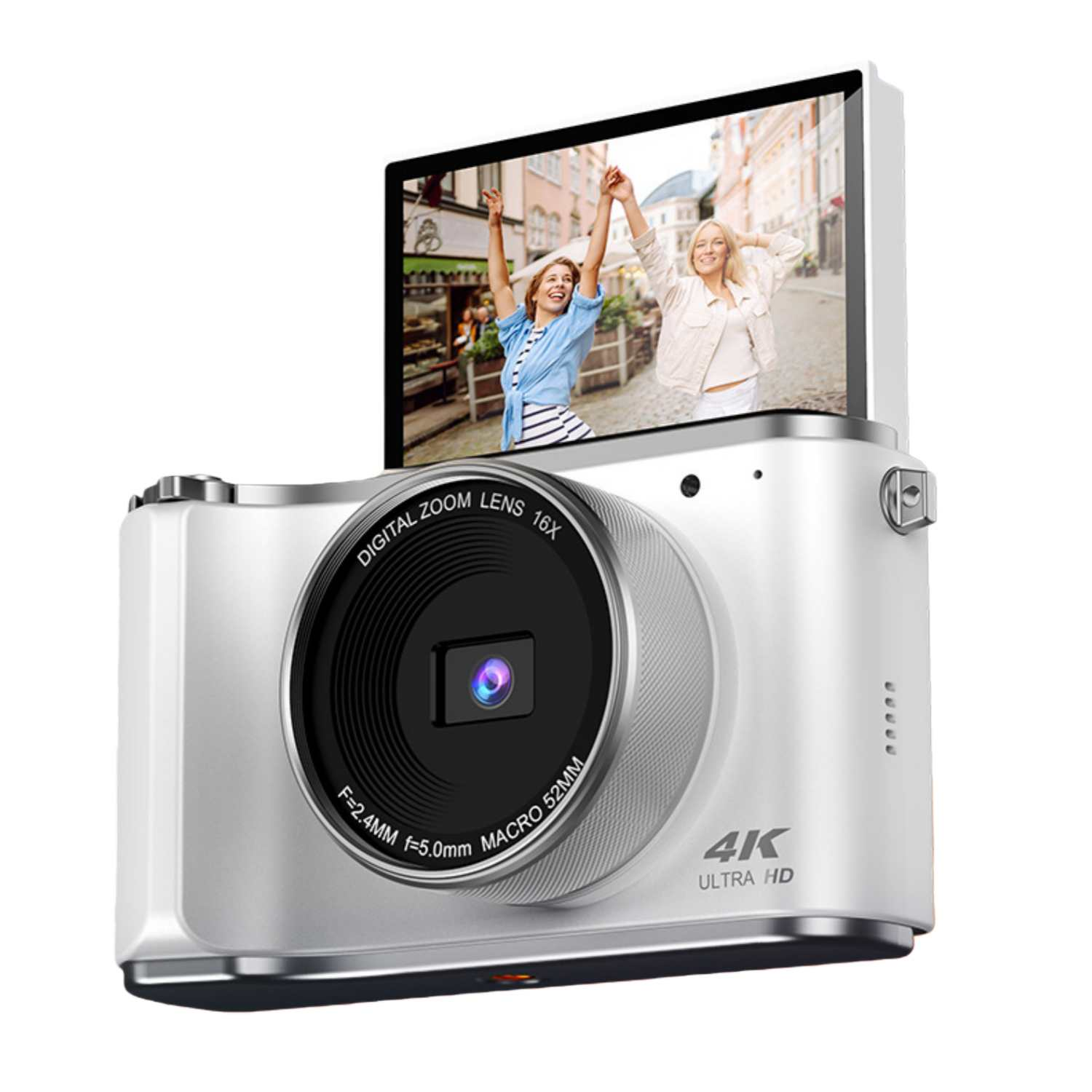Eine weiße Digitalkamera mit 4K Ultra HD-Anzeige, die zwei Frauen zeigt.