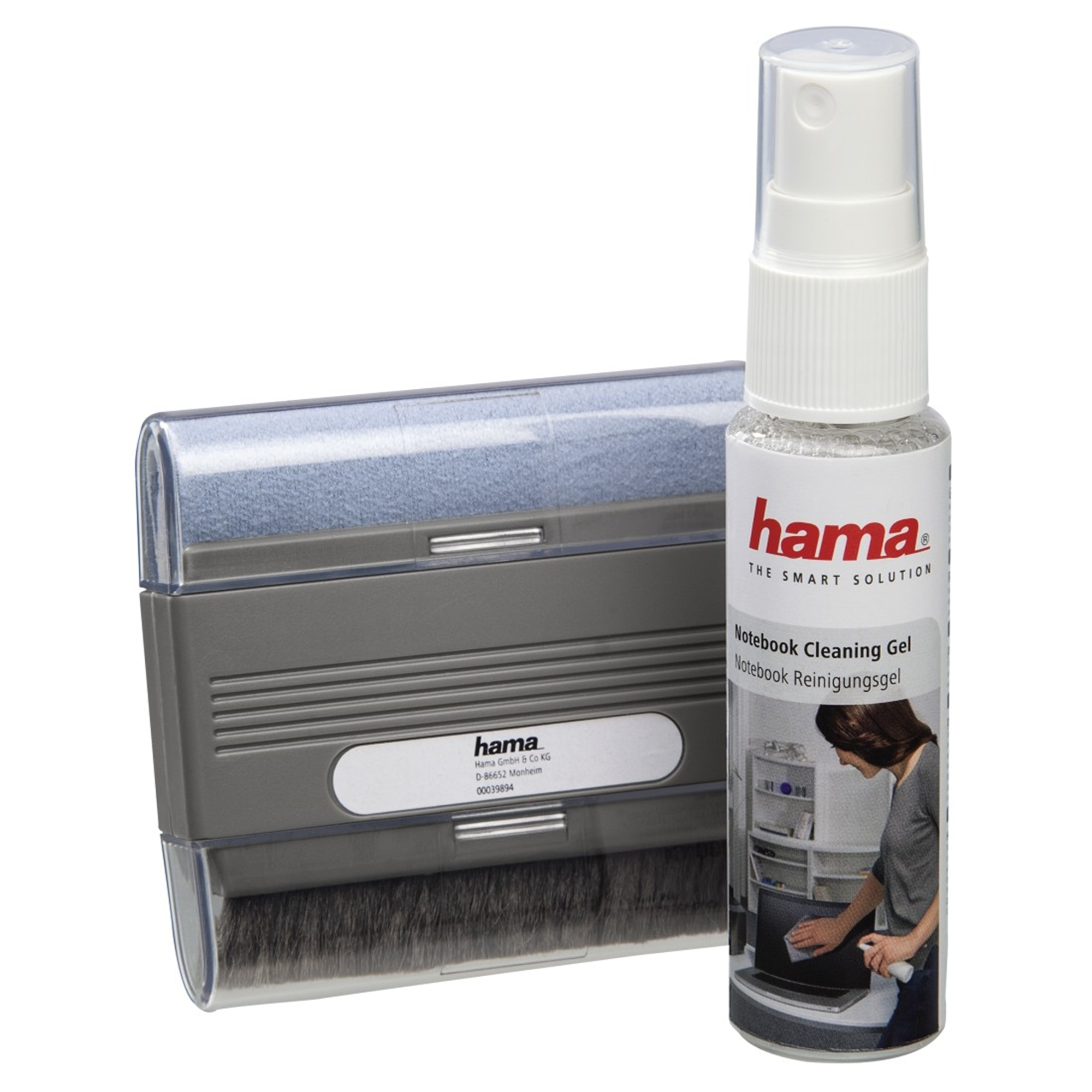Uno spray gel per la pulizia del notebook e una spazzola con custodia trasparente.