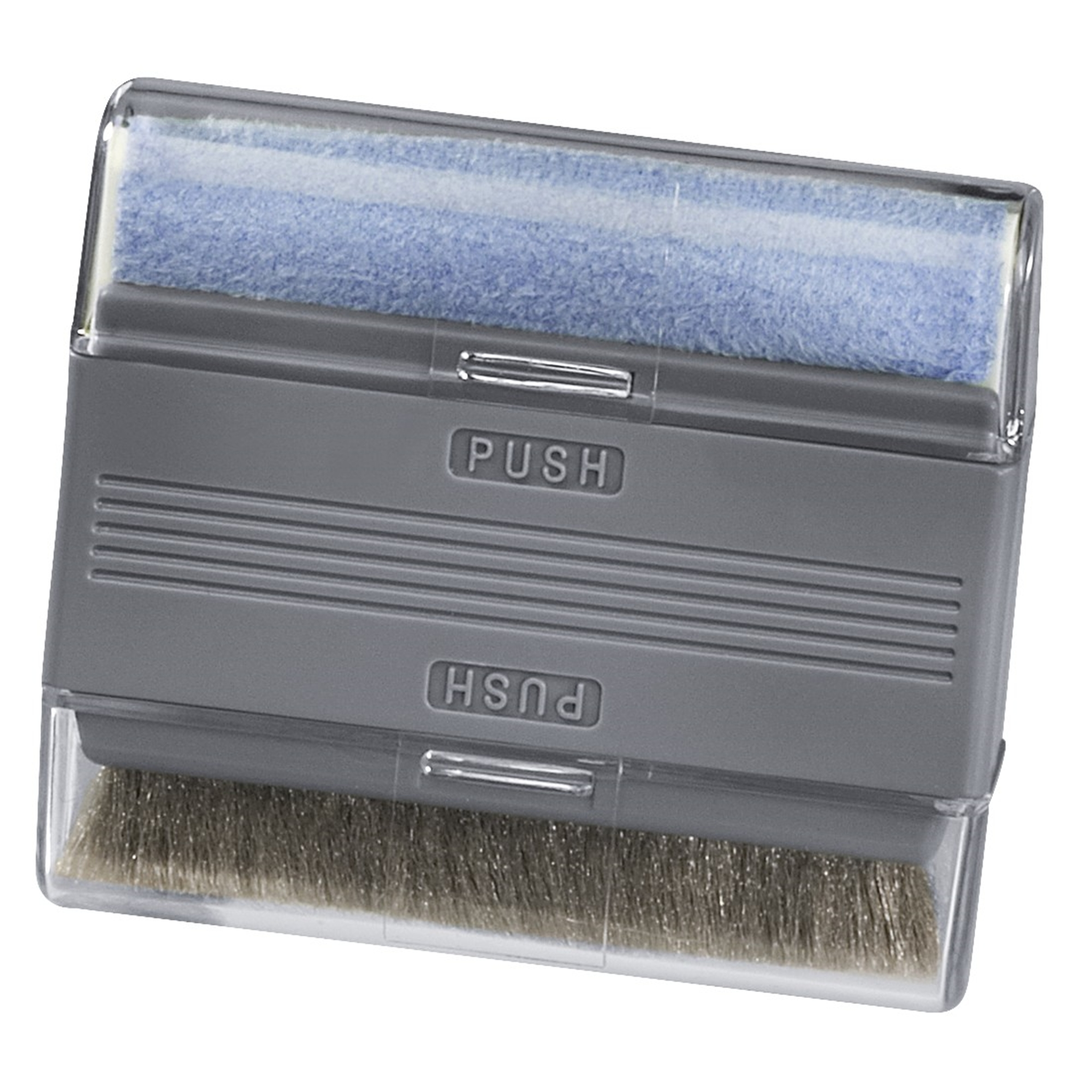 Un rullo pulitore grigio con spazzola blu sopra e spazzola con setole grigie sotto.