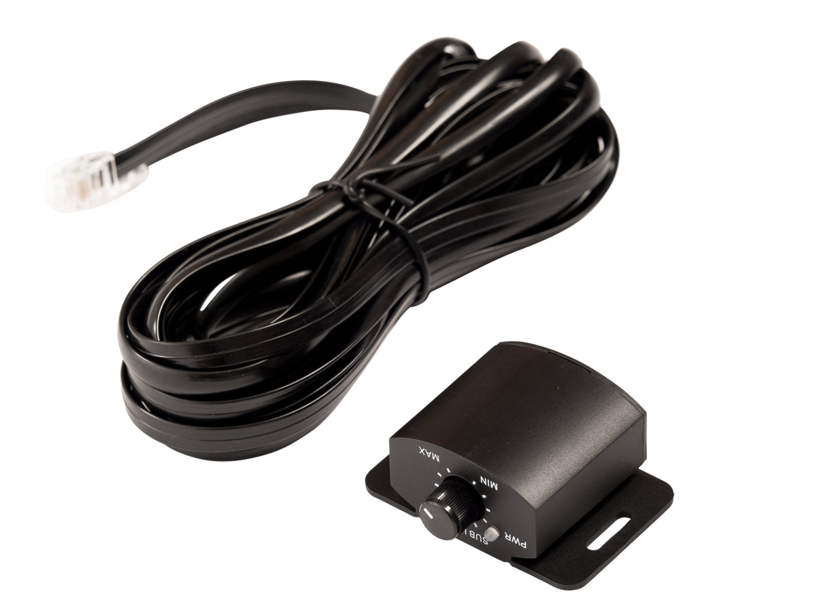 Ein schwarzer Kabelfernbedienungsregler mit einem Telefonstecker und einem verdrehten Kabel.