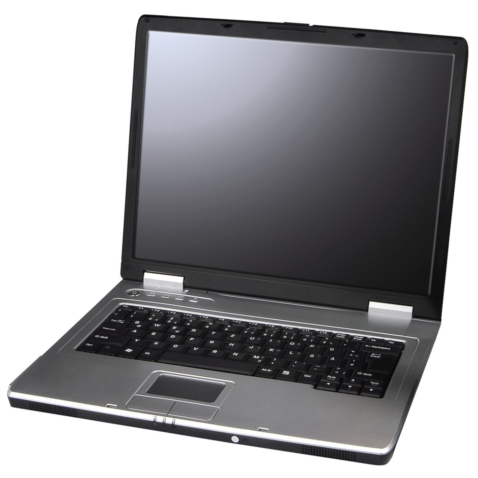 Un laptop aperto con corpo argentato e tastiera nera.