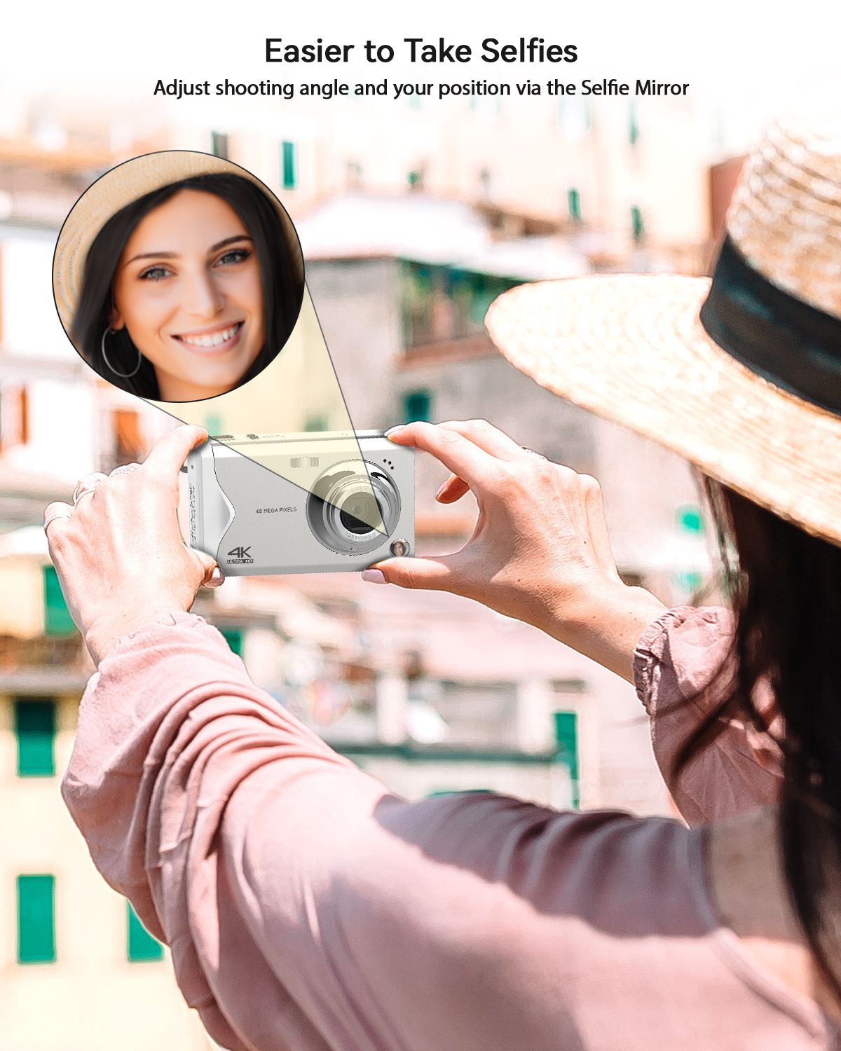 Eine Frau macht ein Selfie mit einer Kamera, die ein Spiegelfenster hat.