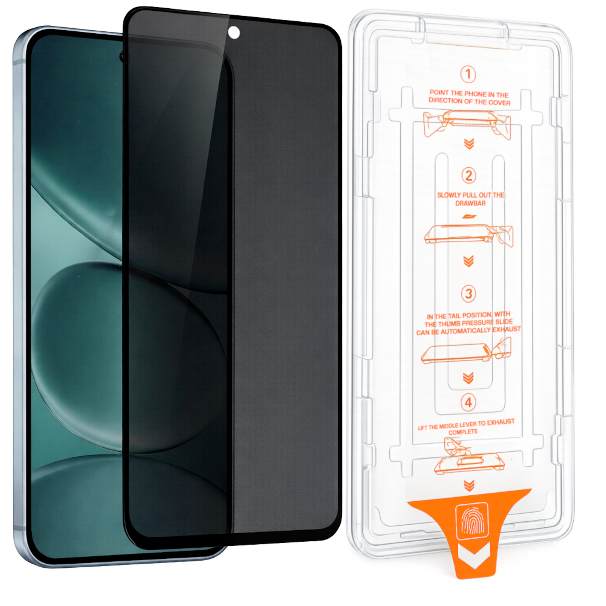 Ein Smartphone mit Sichtschutzfolie und Installationshilfe.