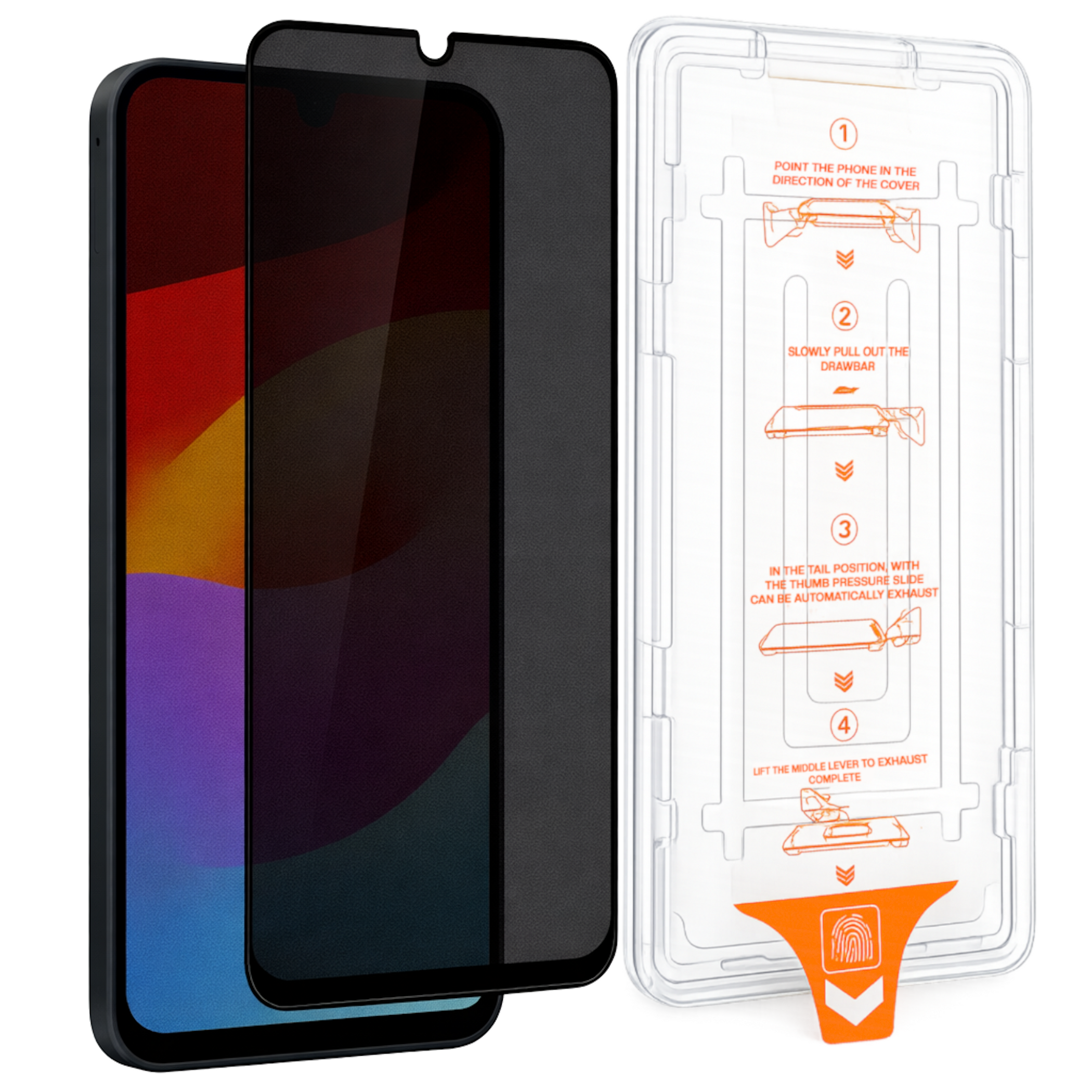 Ein schwarzer Displayschutz für ein Smartphone neben einer transparenten Einlage mit Anleitungen.