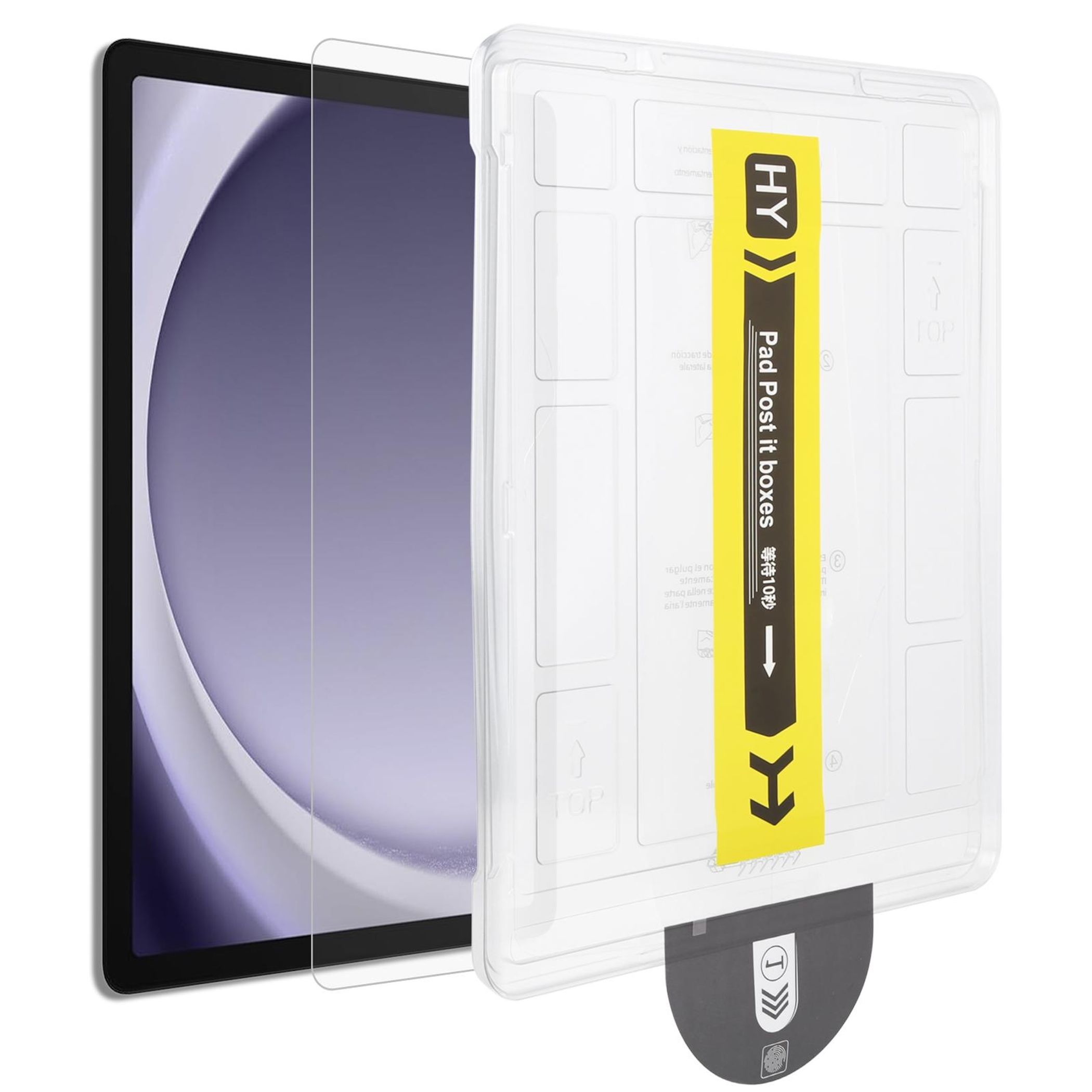 Un tablet con pellicola protettiva e confezione. Fascia gialla con testo.
