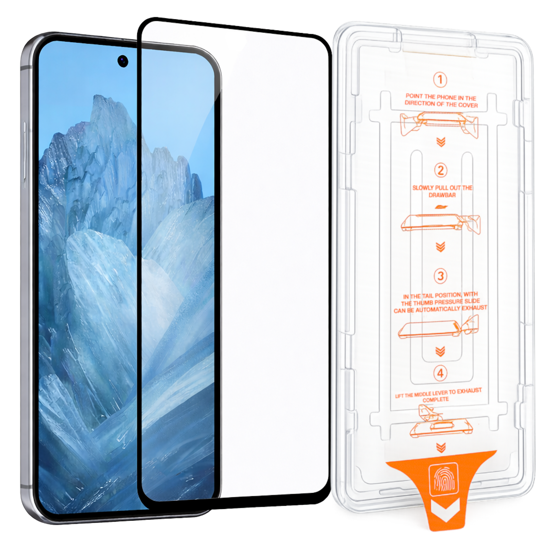Ein Smartphone mit Displayschutzfolie und Montagehilfe. Blauer Hintergrund.