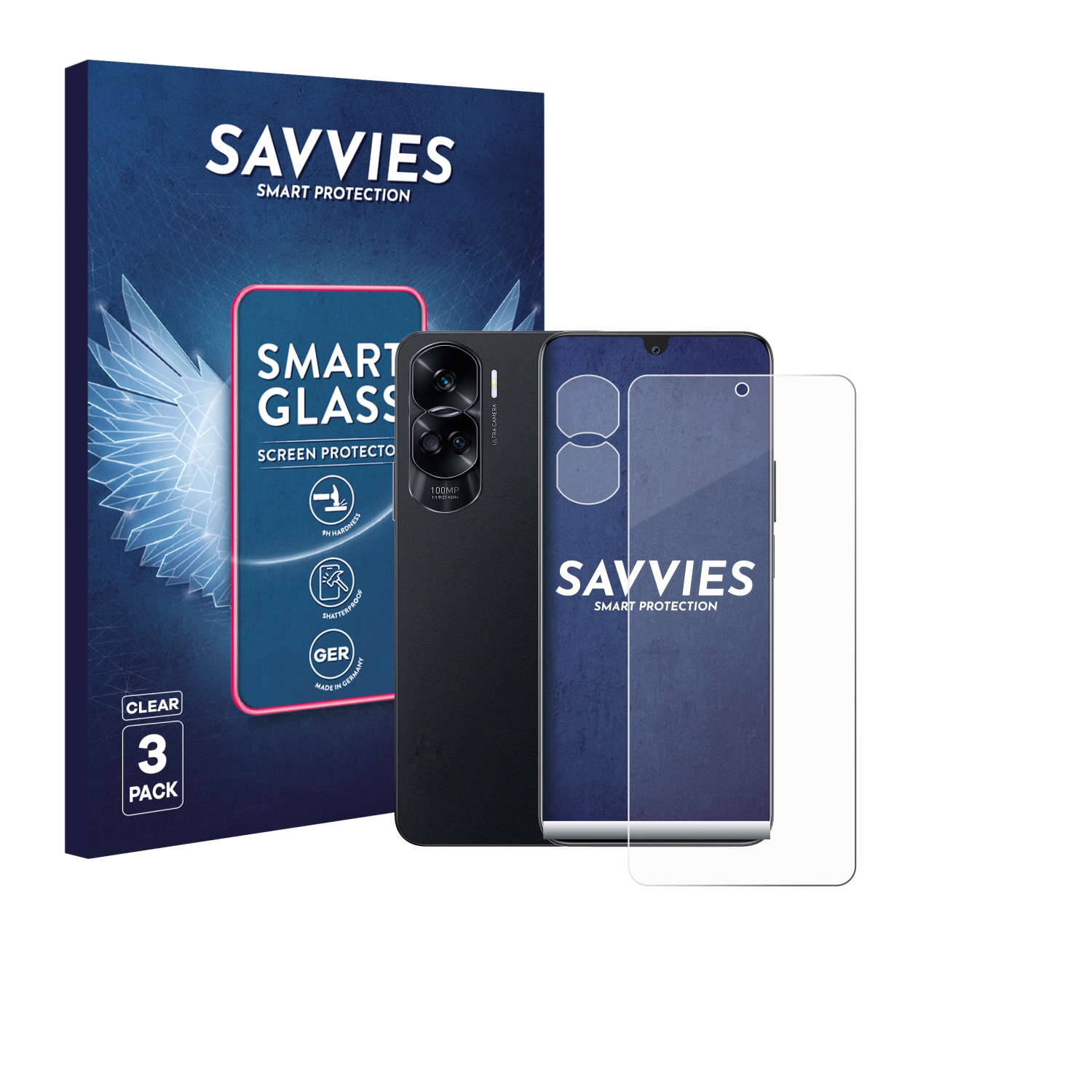Savvies Handyhülle mit einem Smartphone und Schutzglas. Blauer Karton mit Schriftzug.