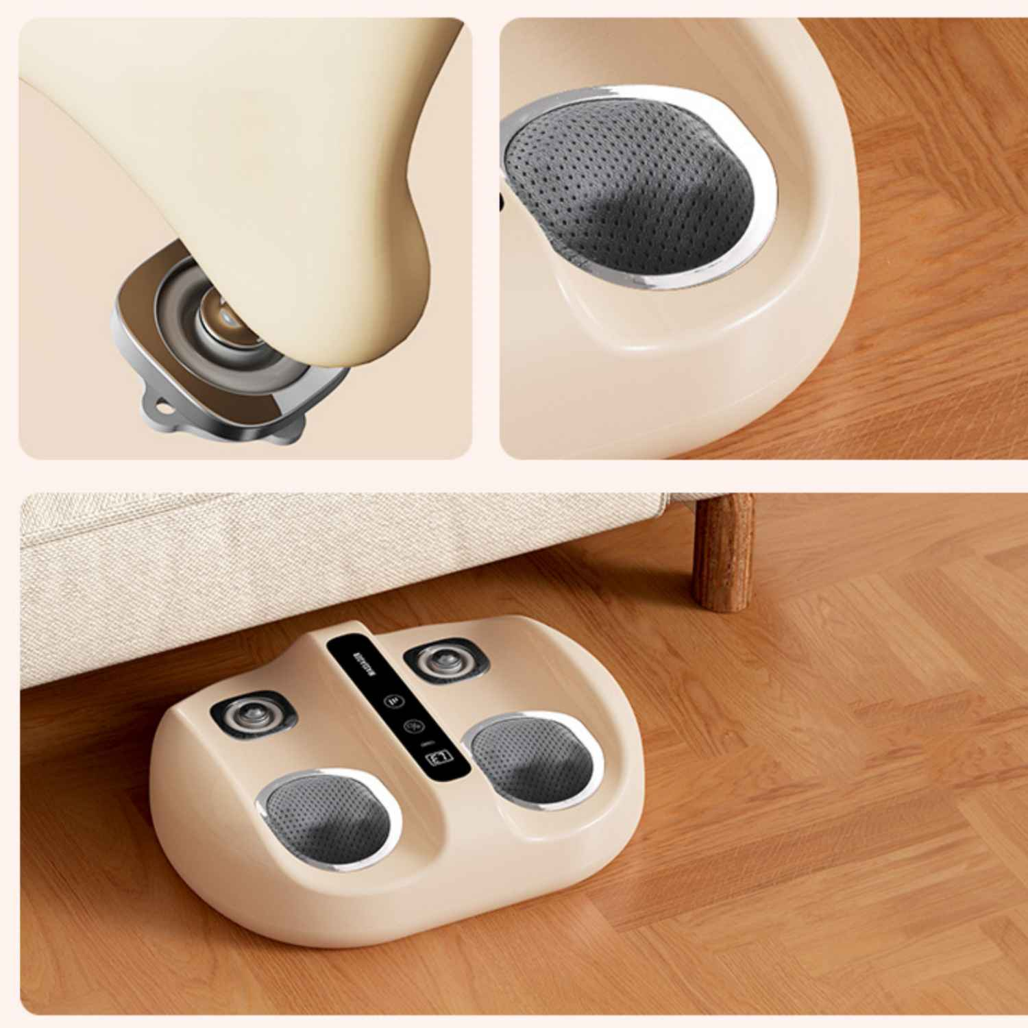 Beige Fußmassagegerät auf Holzboden neben einem Sofa.
