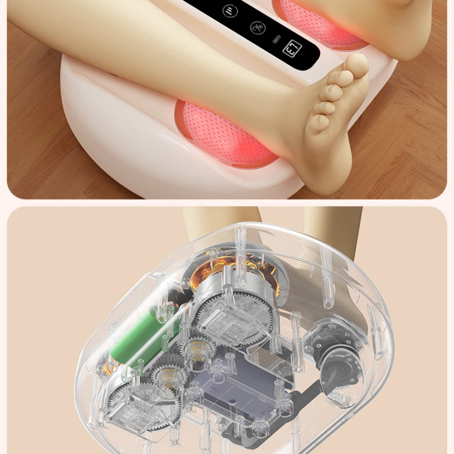 Füße auf einem Massagegerät mit roten Heizflächen und sichtbarem Innenleben.