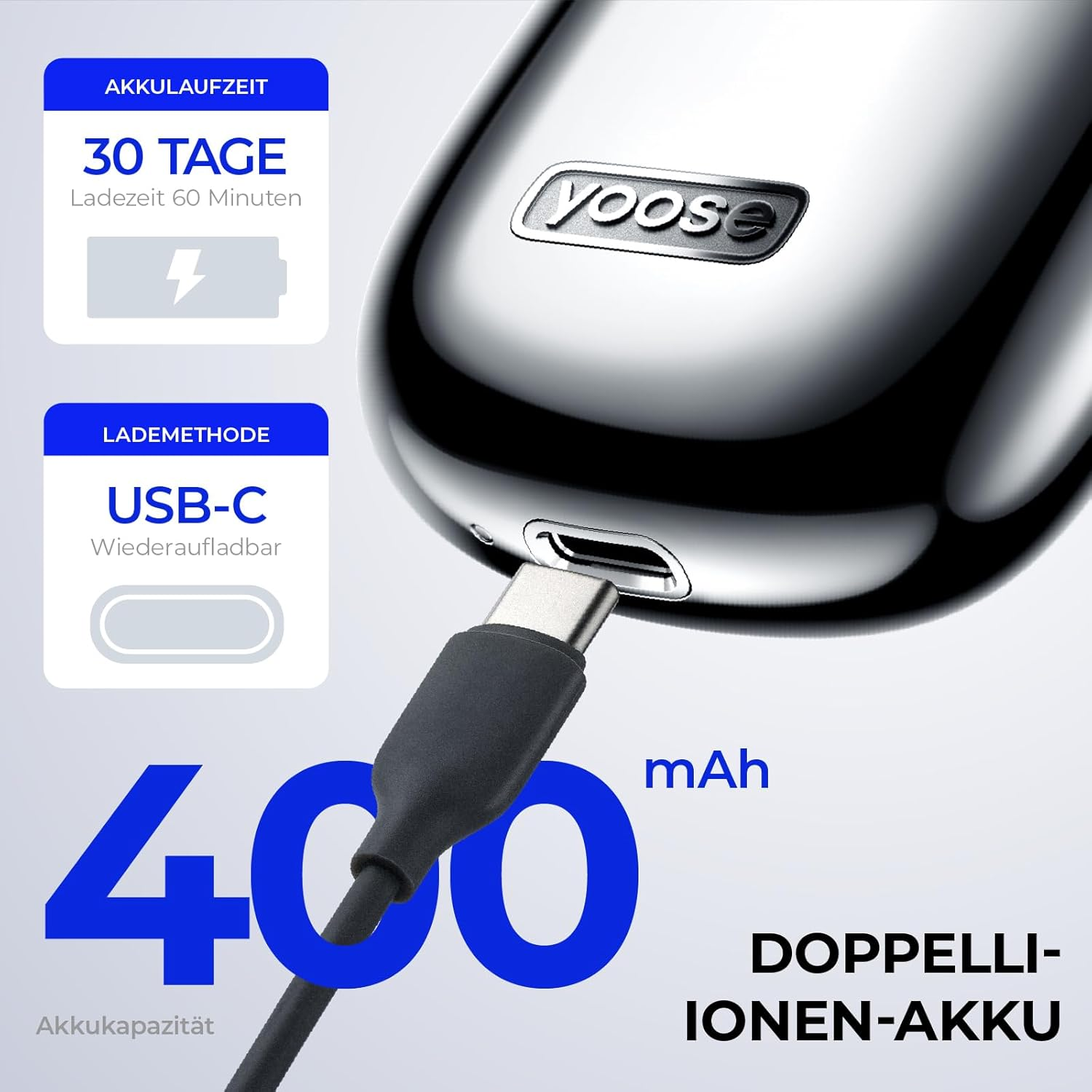 Yoose Gerät mit USB-C Ladekabel, 400 mAh Akku, 30 Tage Laufzeit.