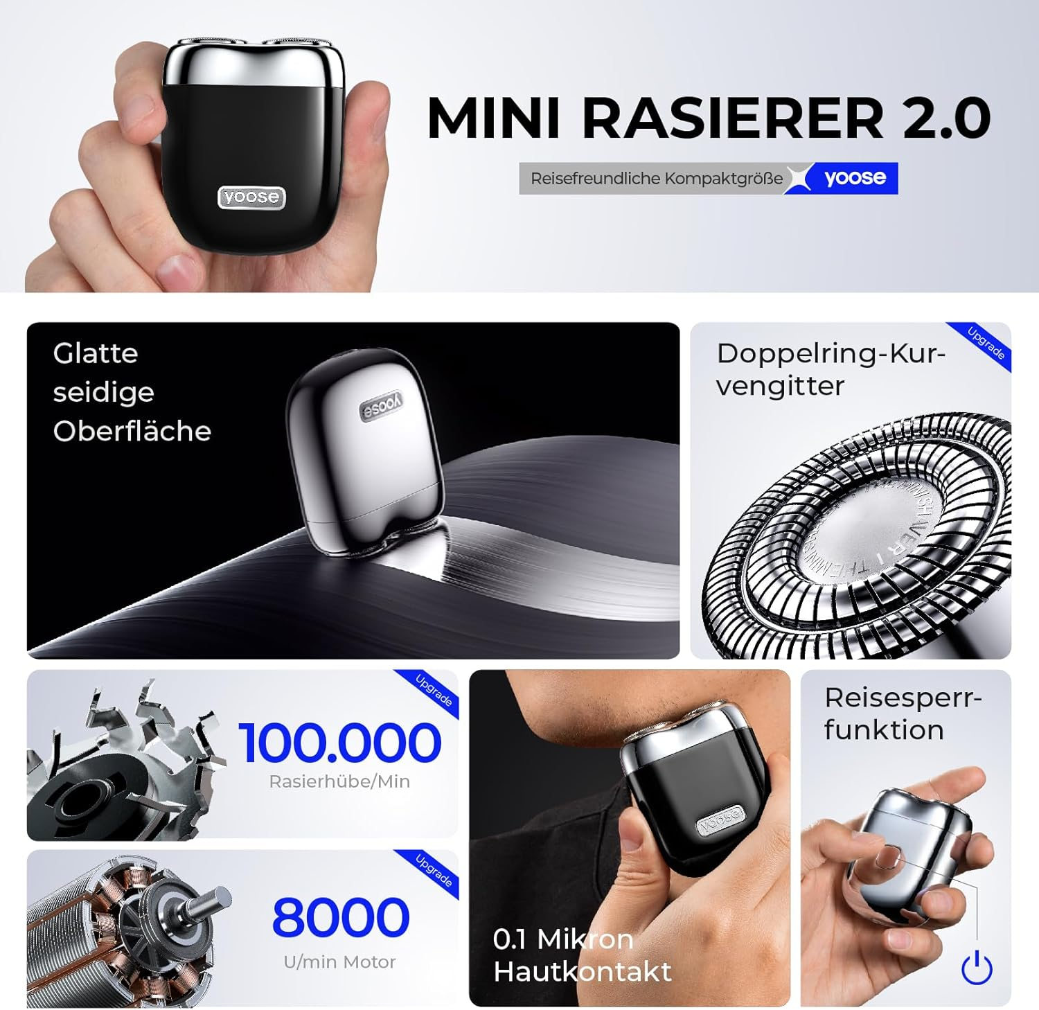 Ein glänzender Mini-Rasierer von Yoose wird in einer Hand gehalten.