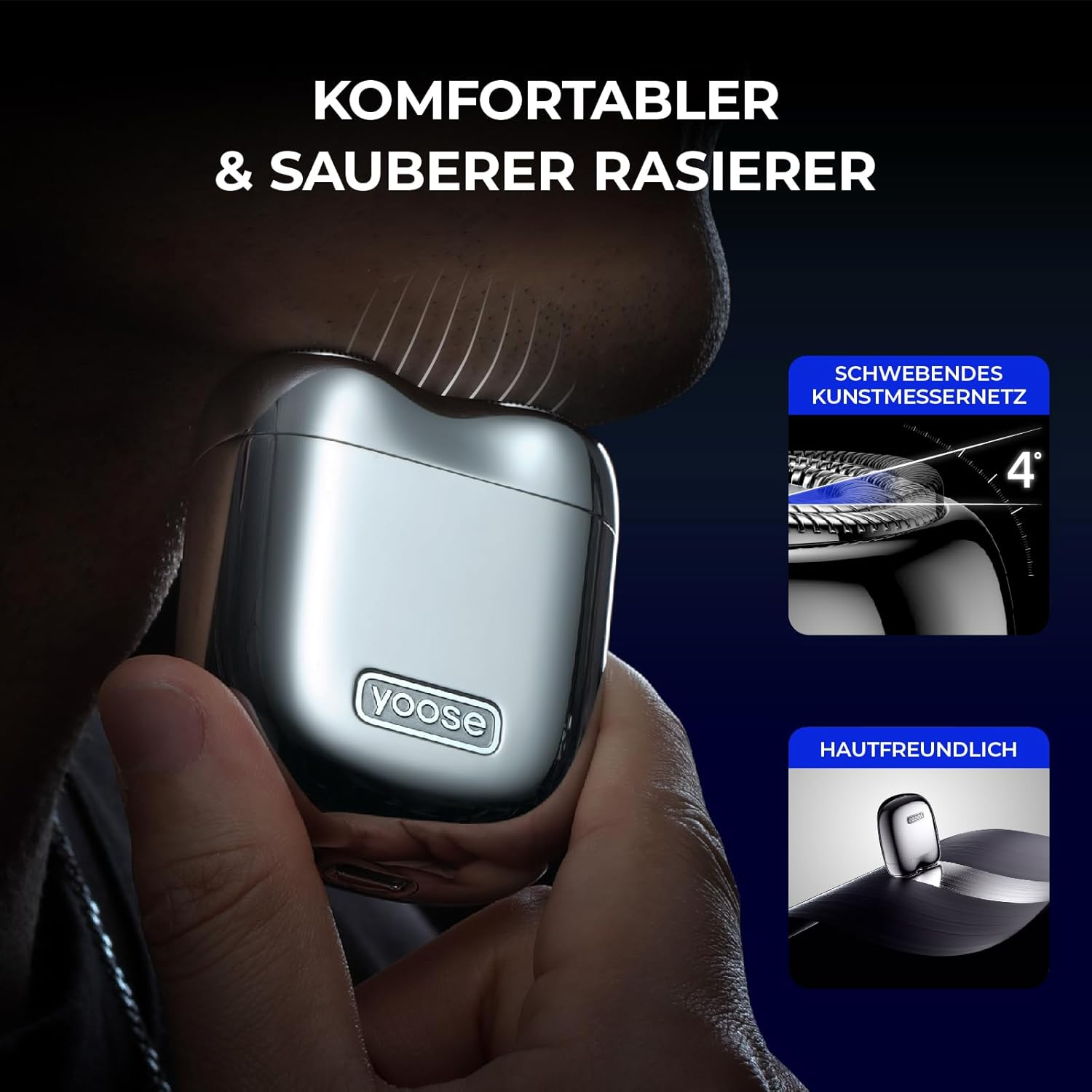 Ein Mann hält einen silbernen Rasierer mit der Aufschrift 'yoose' in der Hand.