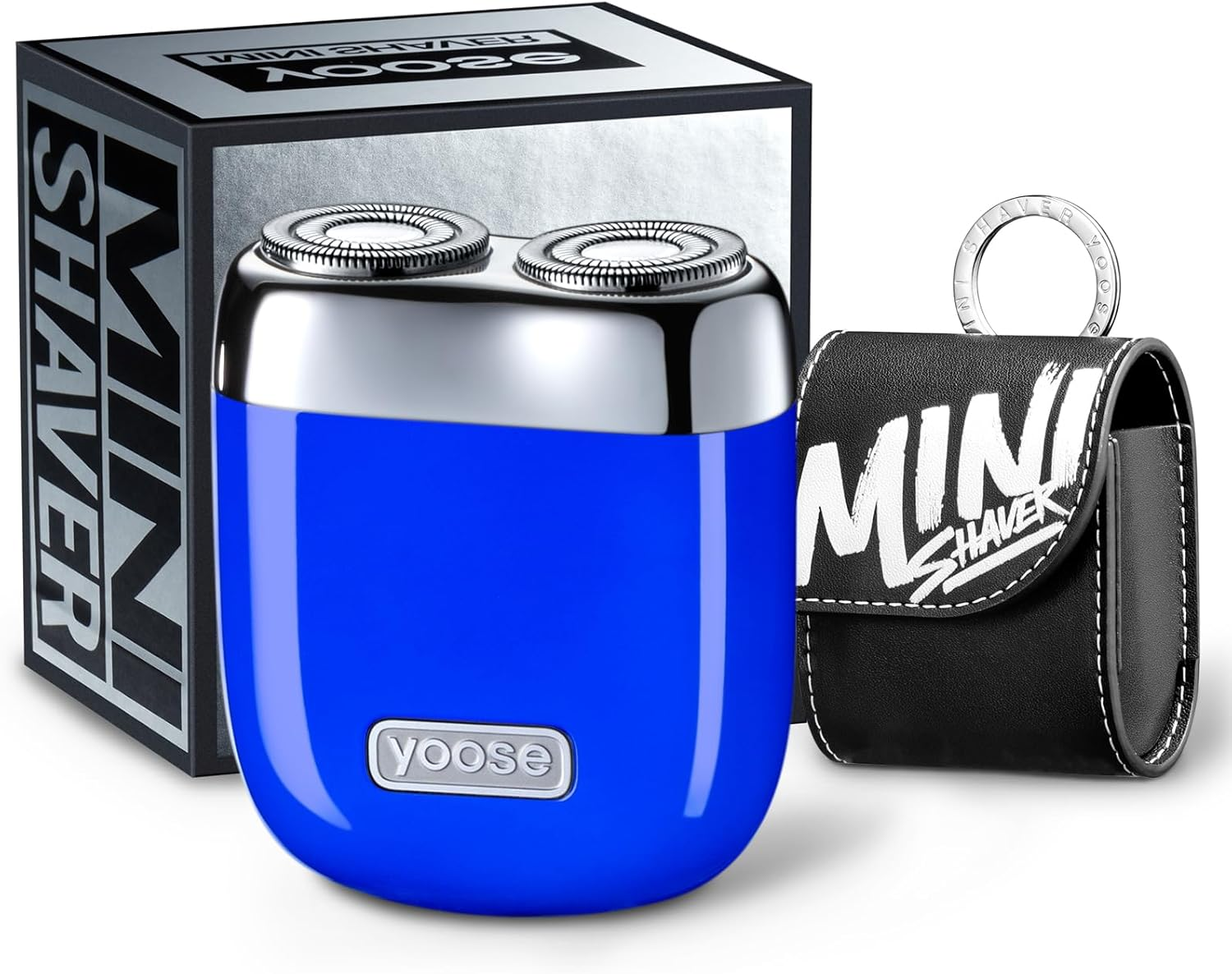 Ein blauer Mini-Rasierer mit silbernen Klingenkopf, neben seiner Verpackung und einer schwarzen Tasche.