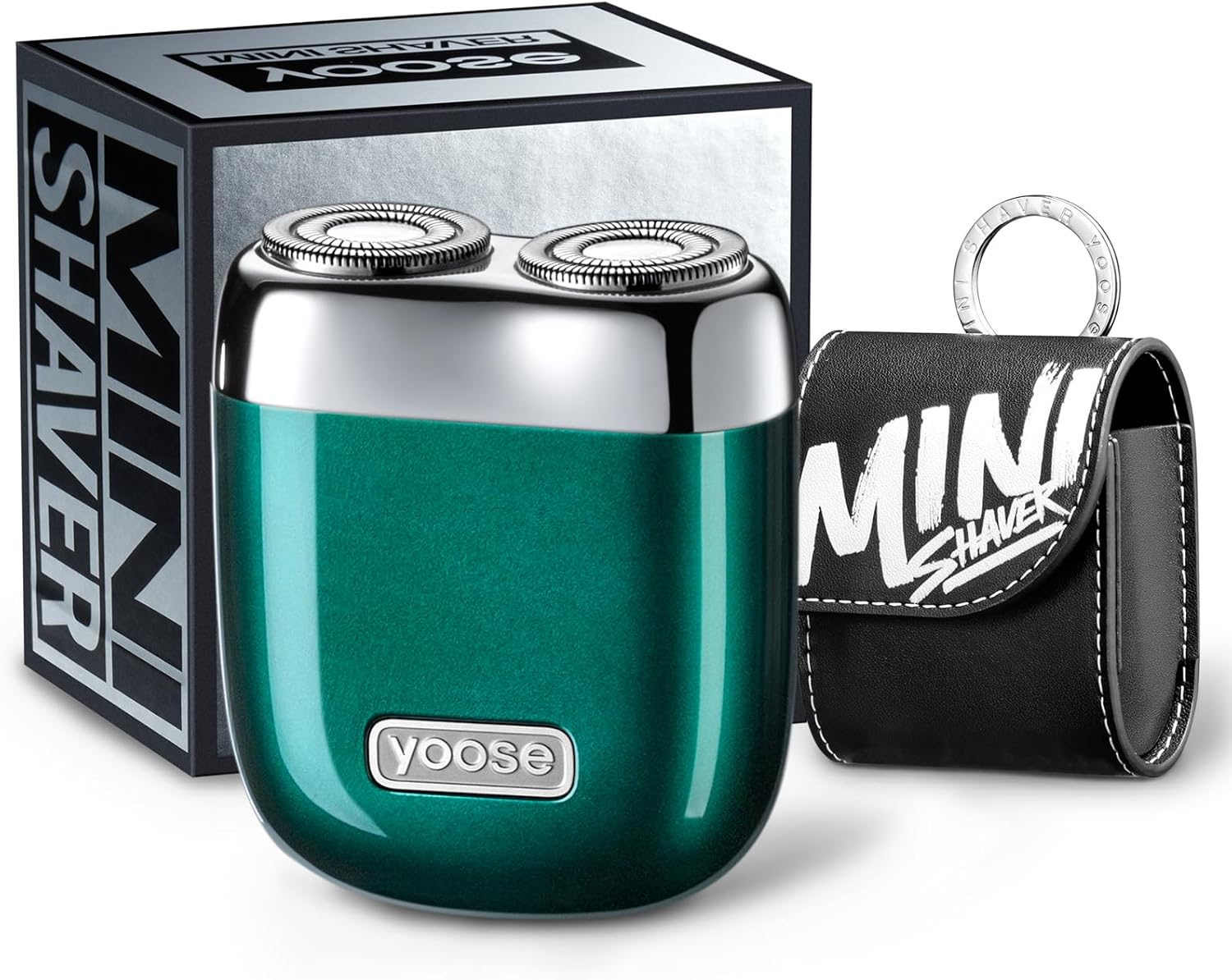 Grüner Mini-Rasierer mit silbernen Klingen, neben schwarzer Tasche und Box.