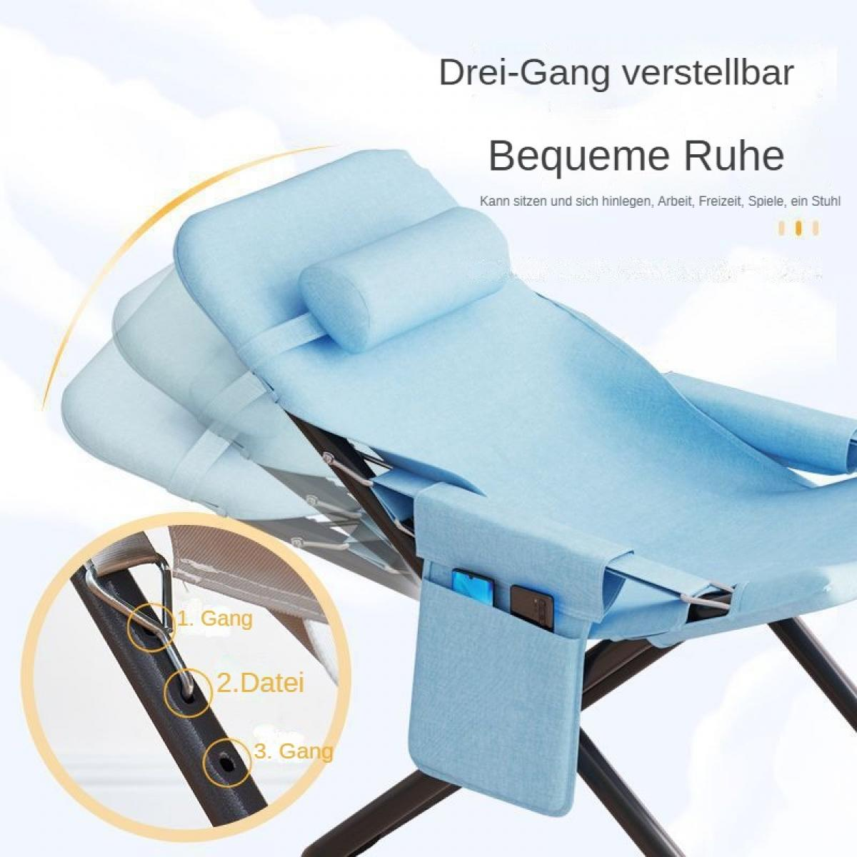 Ein hellblauer Liegestuhl mit verstellbarer Rückenlehne und Handyhalter.