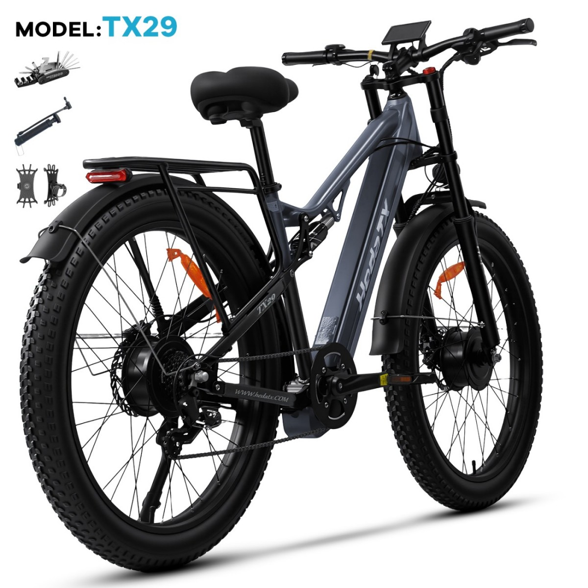 Graues E-Bike TX29 mit breiten Reifen, Gepäckträger und Werkzeugset.