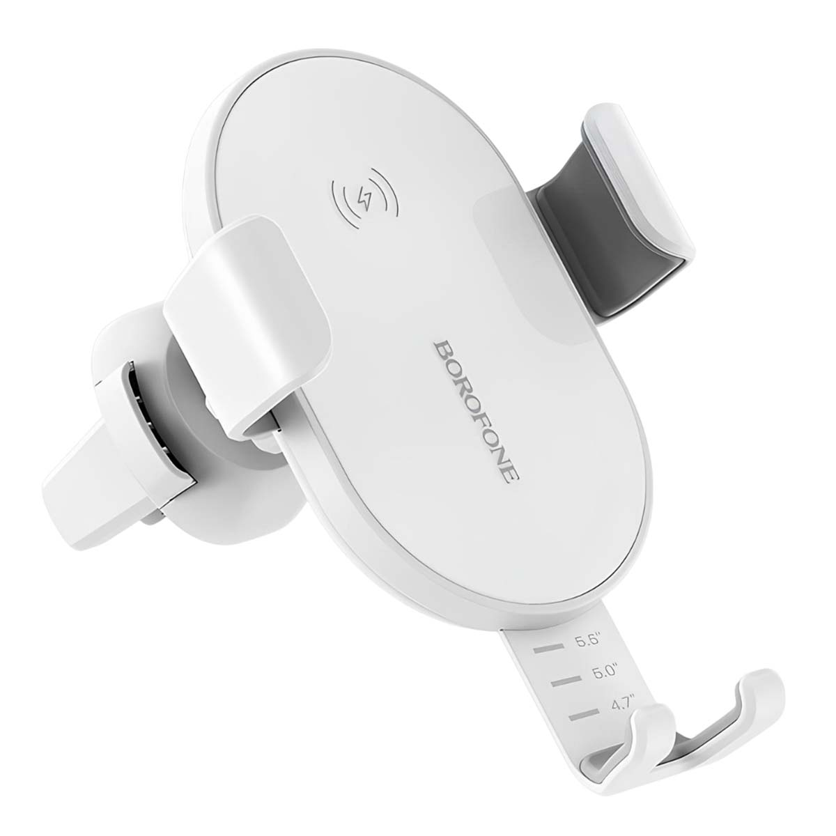 Un supporto per auto con caricatore wireless bianco con logo Borofone.