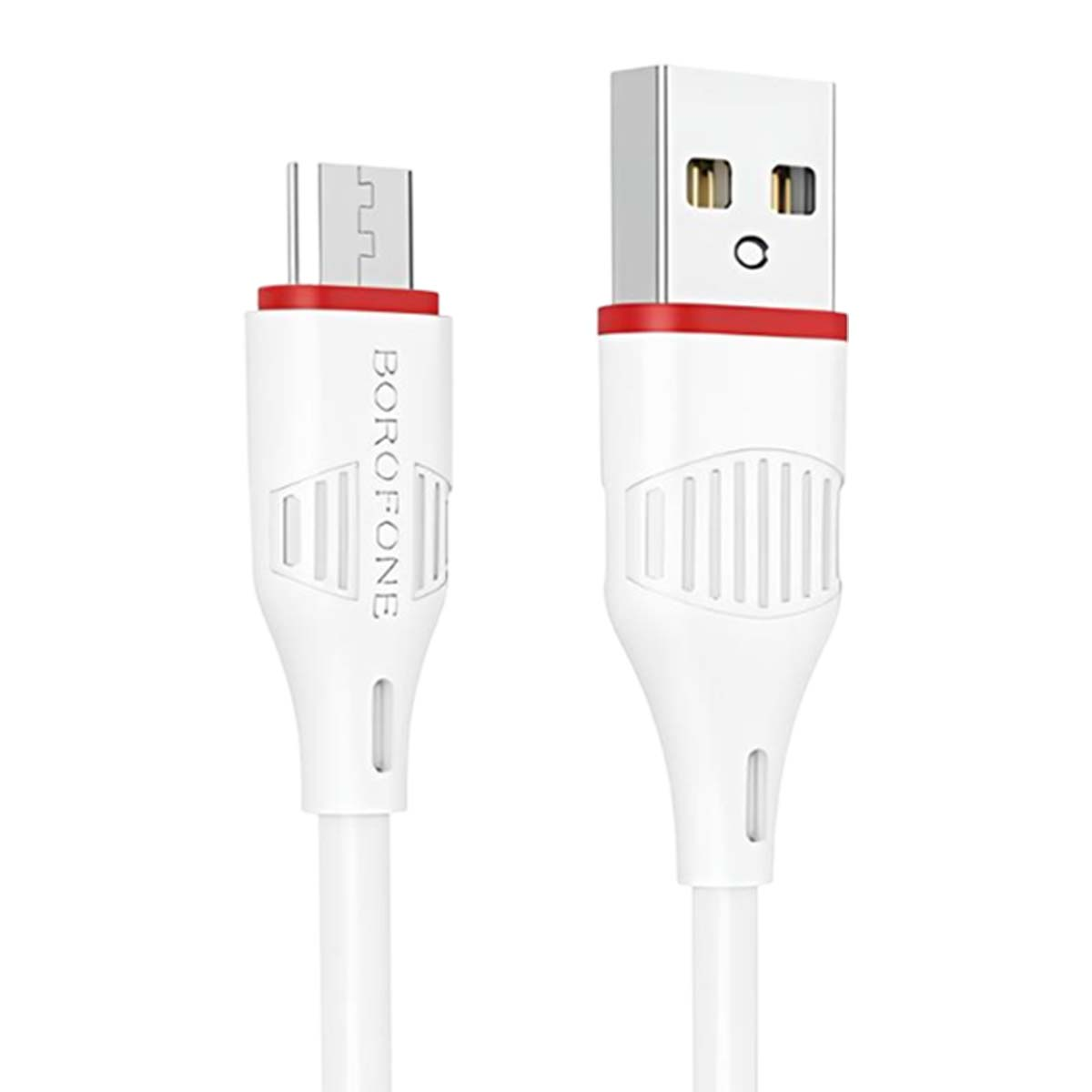 Un cavo USB bianco con accenti rossi e due connettori diversi.