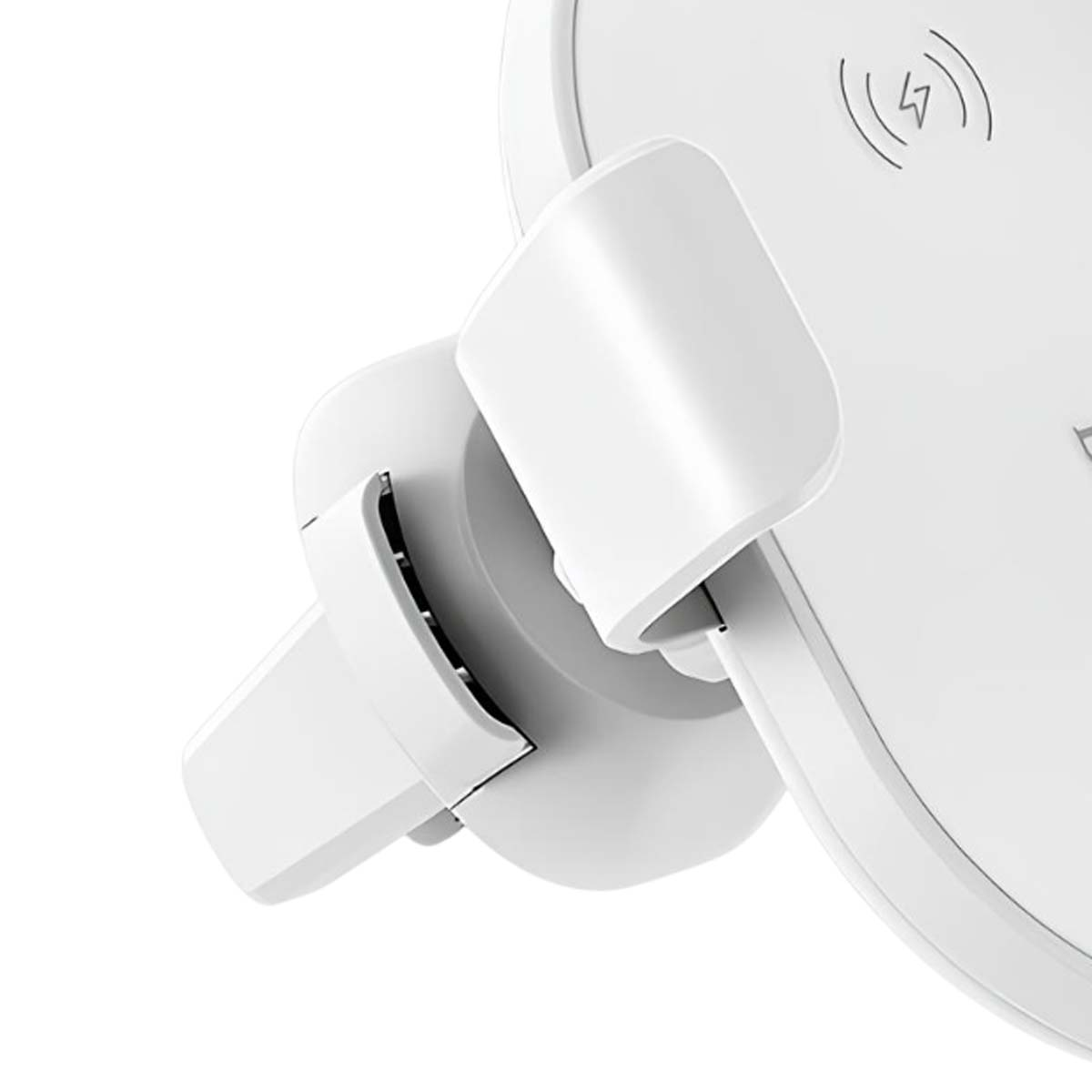 Supporto bianco per telefono con funzione di ricarica e simbolo fulmine.