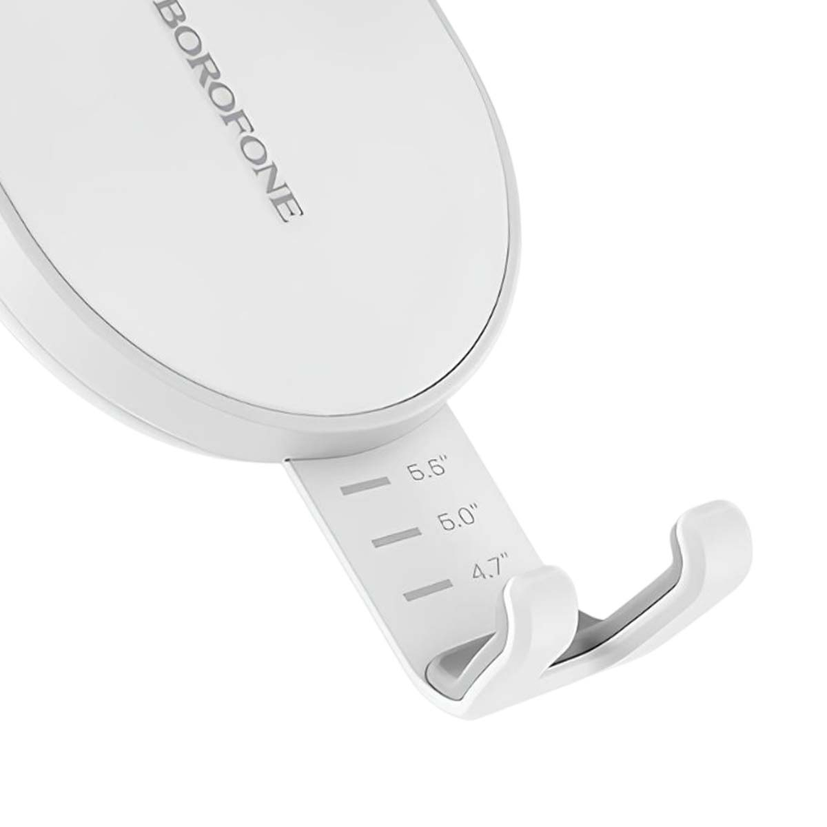 Supporto bianco per telefono con logo Borofone e segni di dimensioni 4,7, 5,0, 5,5 pollici.