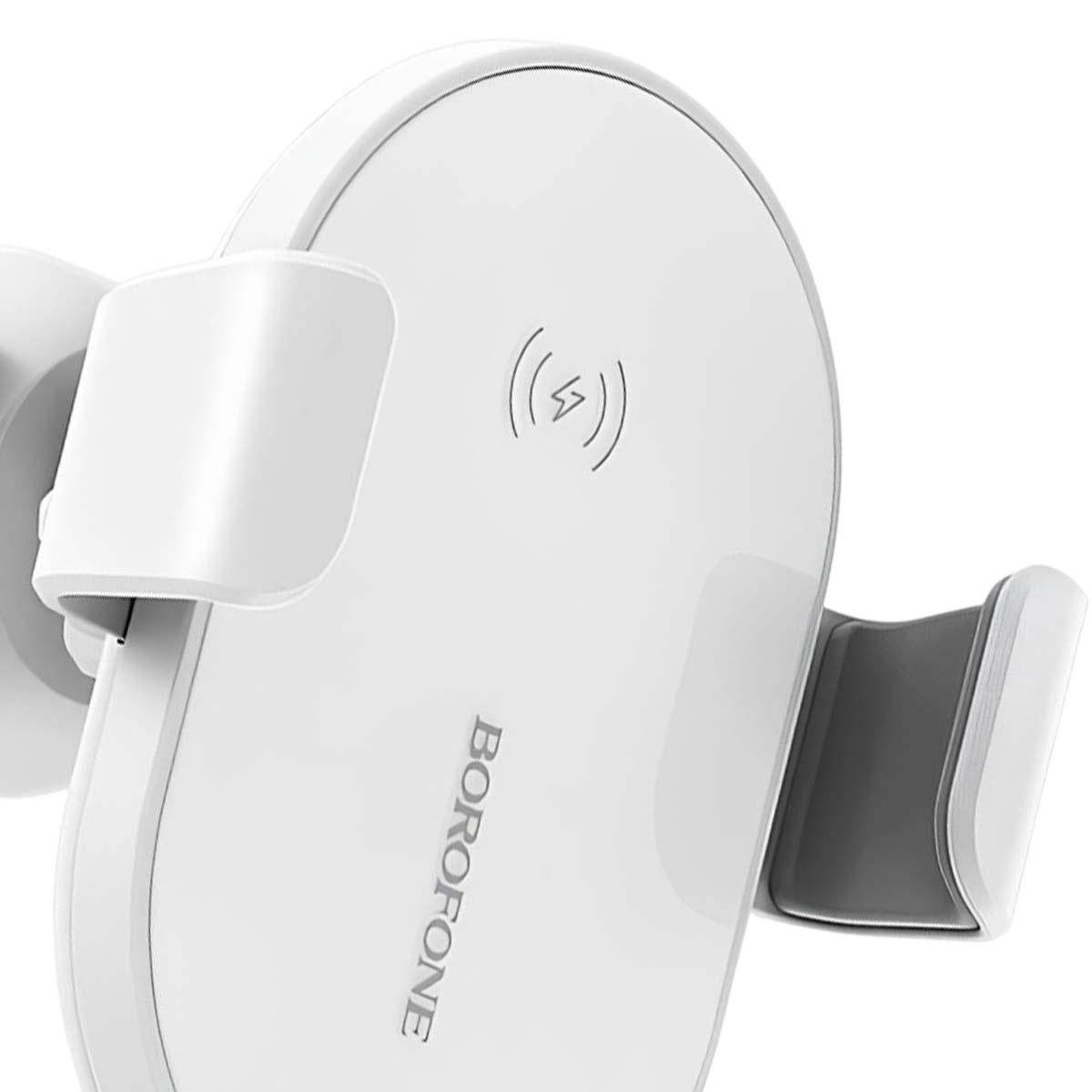 Un supporto per caricabatterie wireless bianco con simbolo di freccia di carica.