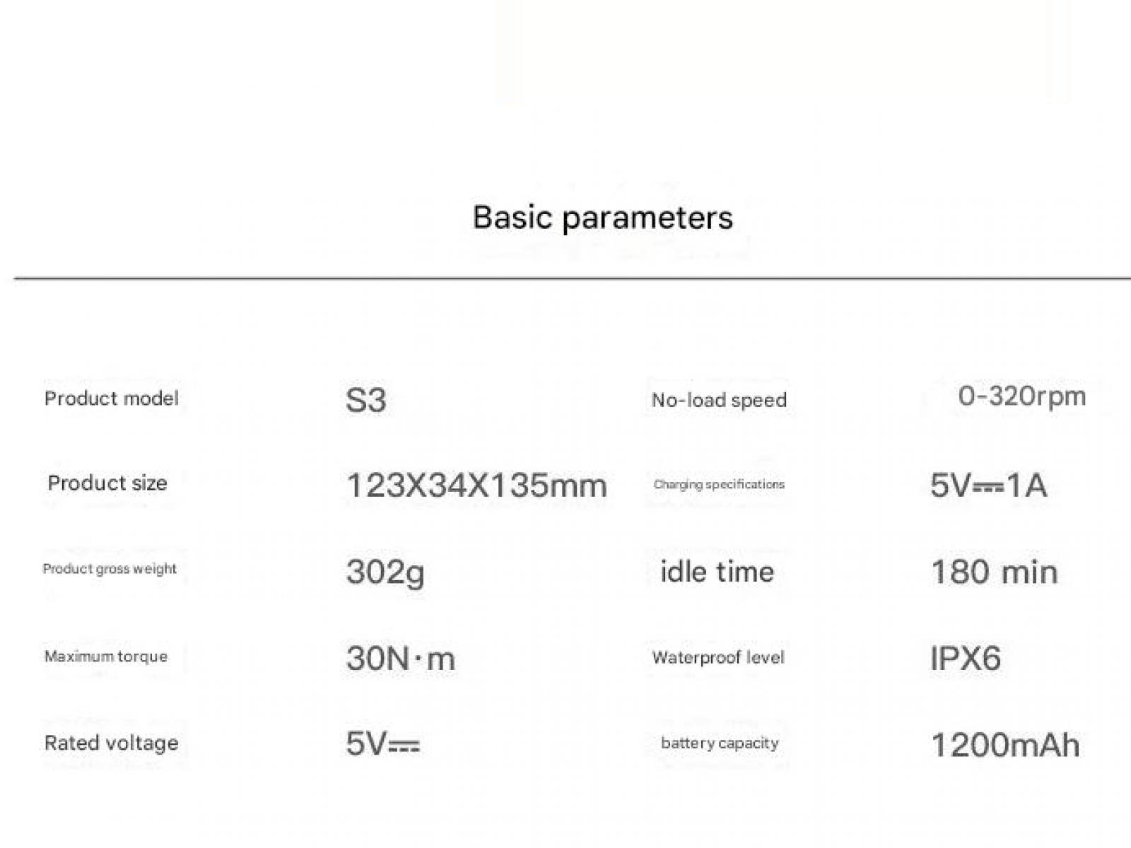 Produktspezifikationen: Modell S3, Größe 123x34x135mm, Gewicht 302g, Drehmoment 30N·m, Spannung 5V.