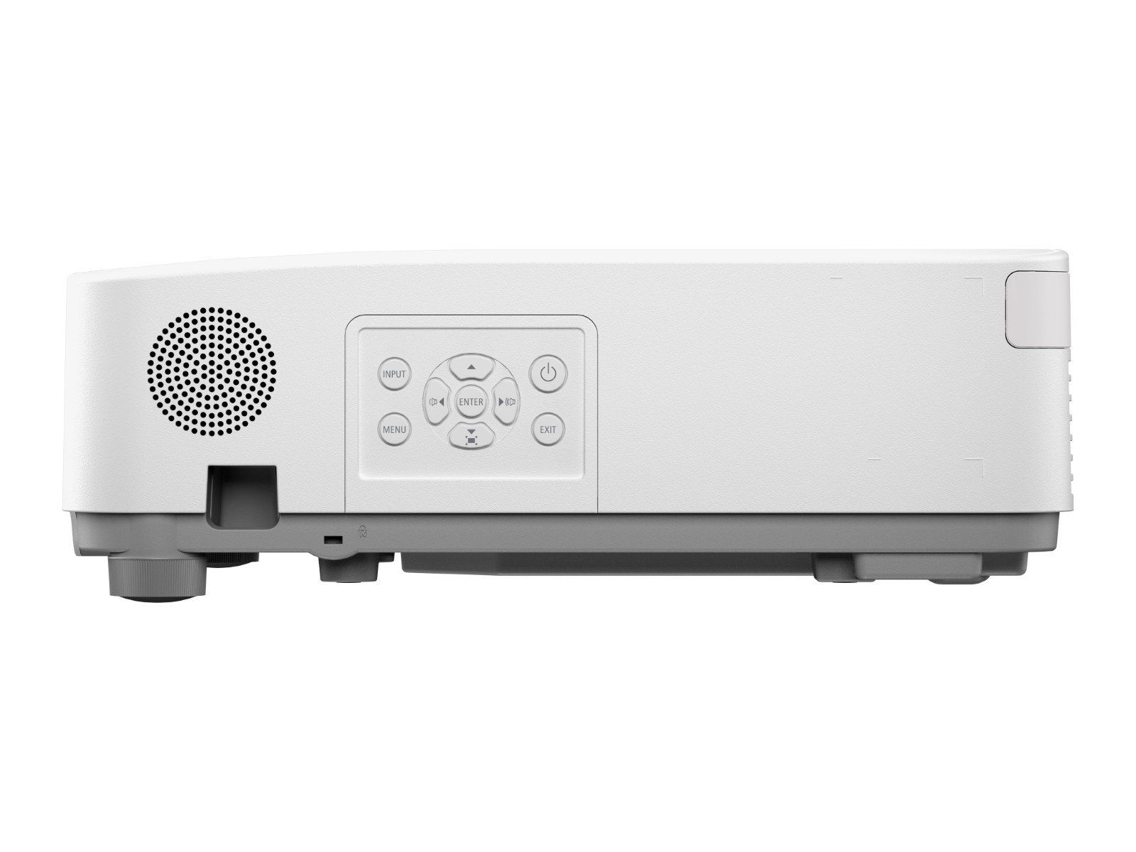 Proyector blanco con botones de control y rejilla de altavoz.
