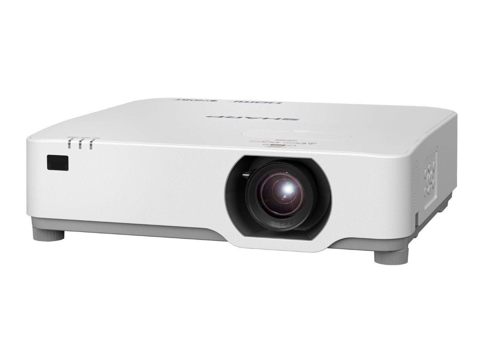 Un proyector blanco con una lente al frente y rejillas de ventilación al lado.