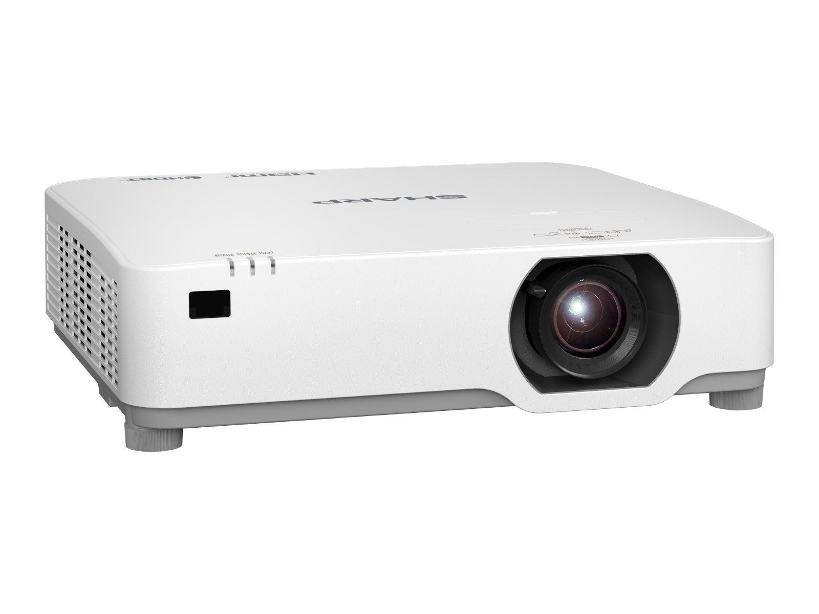 Un proyector blanco con lente al frente y rejillas de ventilación al lado.