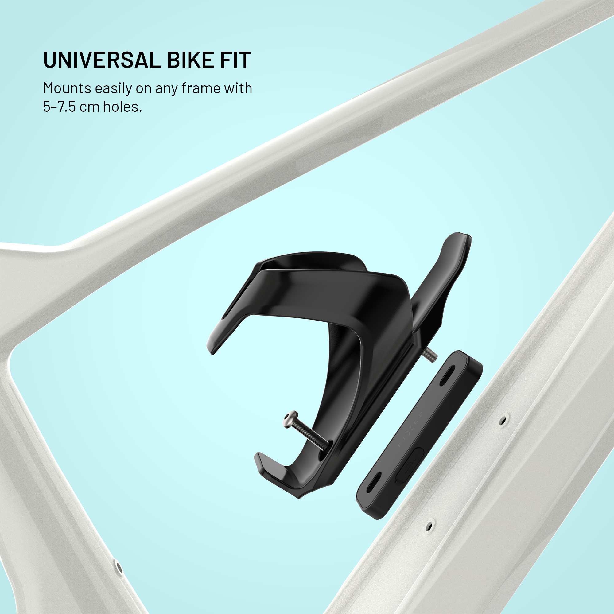 Schwarzer Fahrradflaschenhalter mit Schraube auf weißem Fahrradrahmen.