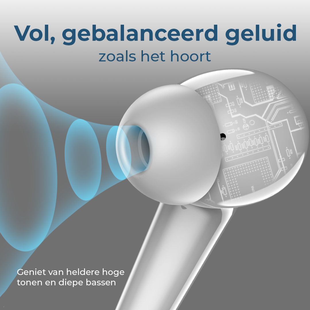 A white earbud with circuitry and blue sound waves.