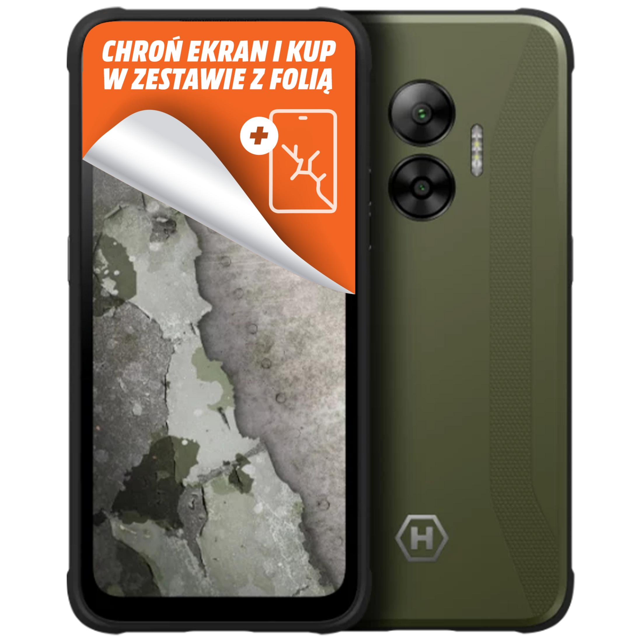 Uno smartphone verde con mockup di schermo rotto e adesivo di pellicola protettiva.