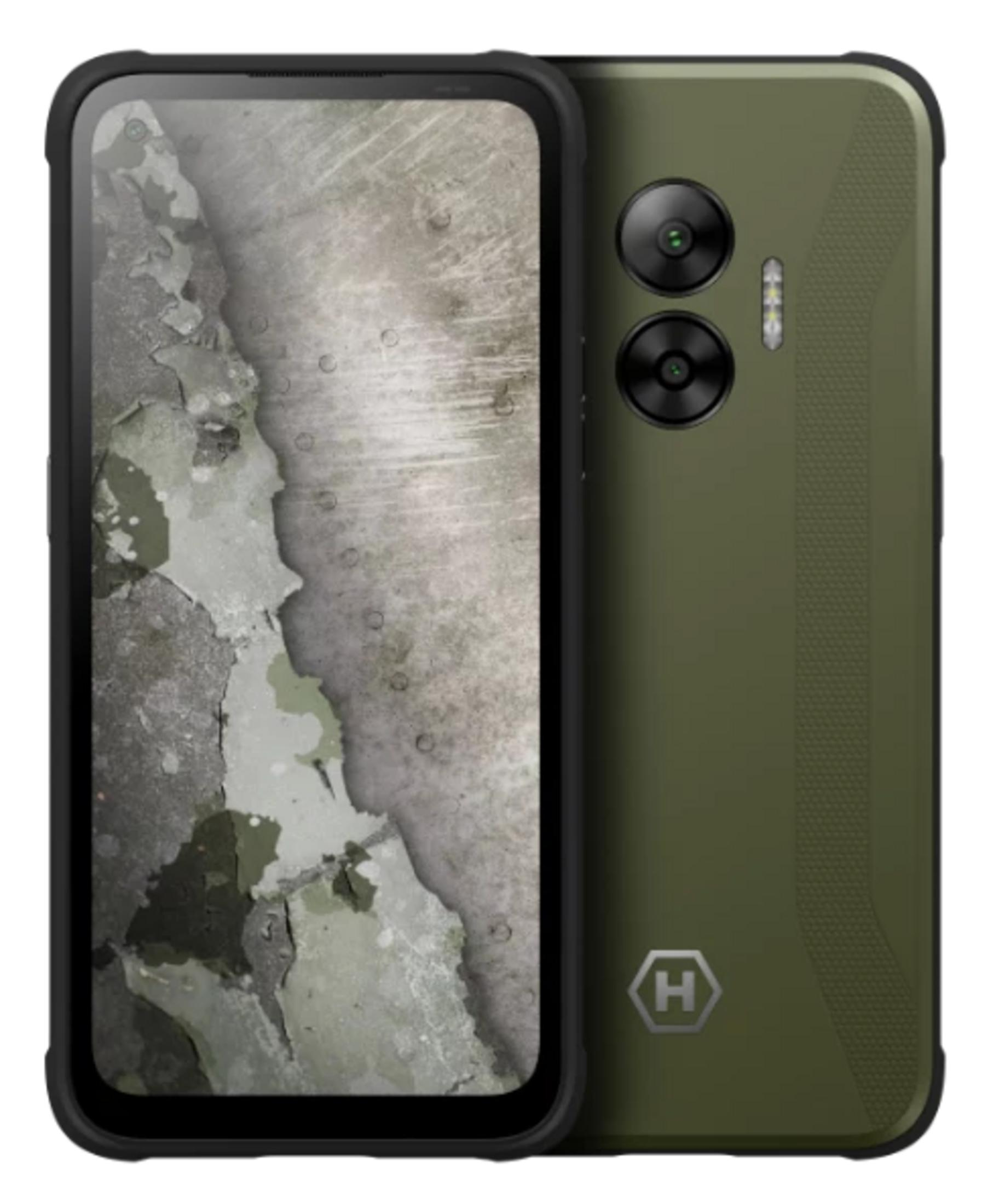 Uno smartphone verde robusto con due fotocamere e un logo H.