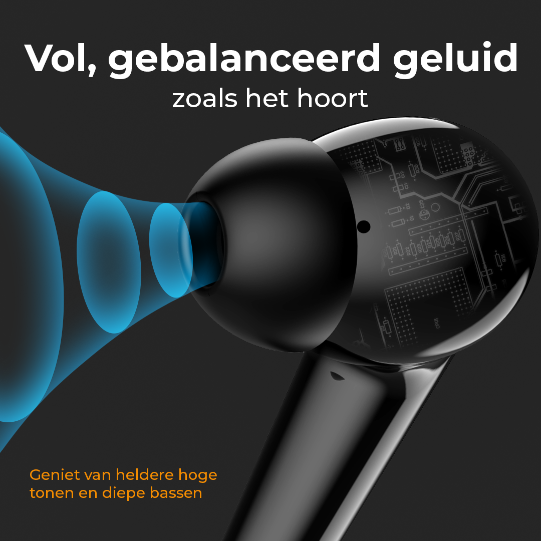 Zwarte oordop met blauwe geluidsgolven en printplaatpatroon.