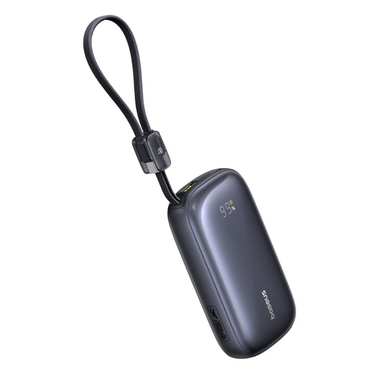 Power bank grigio scuro con cordino e display digitale che mostra il 99% di carica.