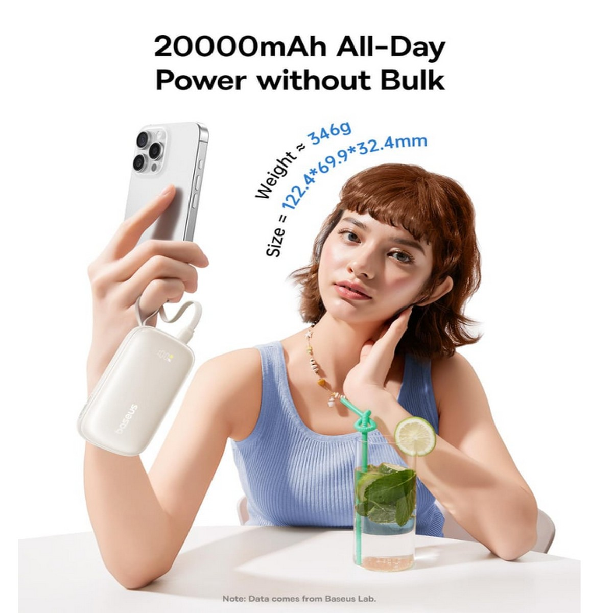 Una donna tiene uno smartphone e un power bank bianco. Le specifiche sono sull'immagine.