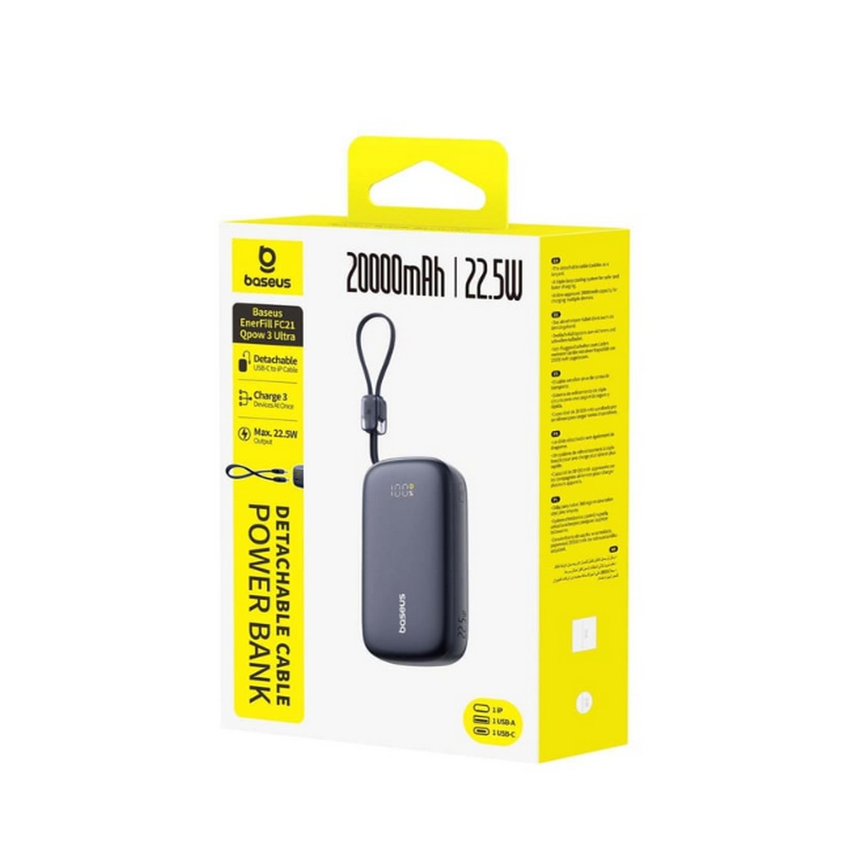 Confezione di un power bank da 20000mAh 22.5W con cavo staccabile.