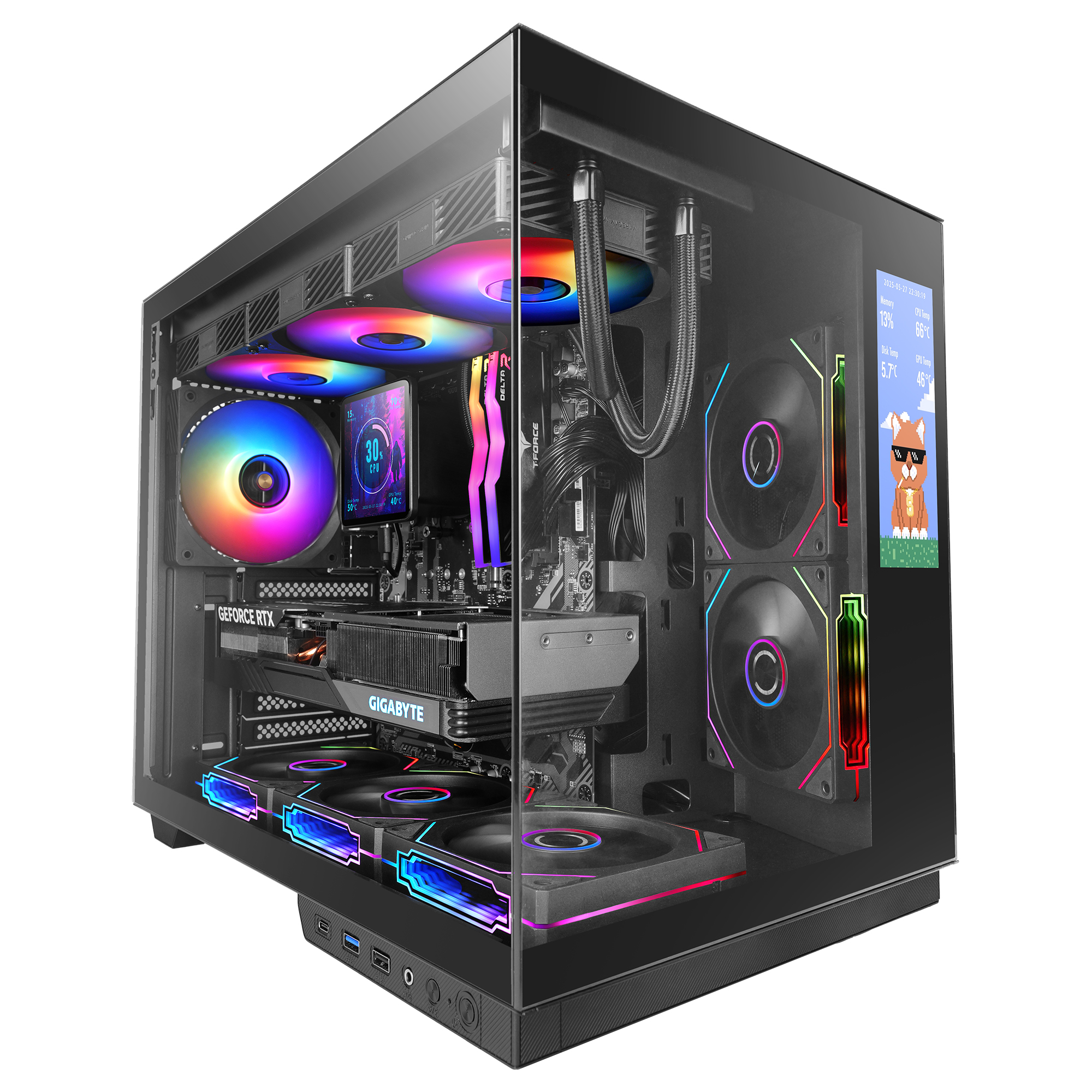 Obudowa komputera z wentylatorami RGB, kartą graficzną GIGABYTE RTX i wyświetlaczem.