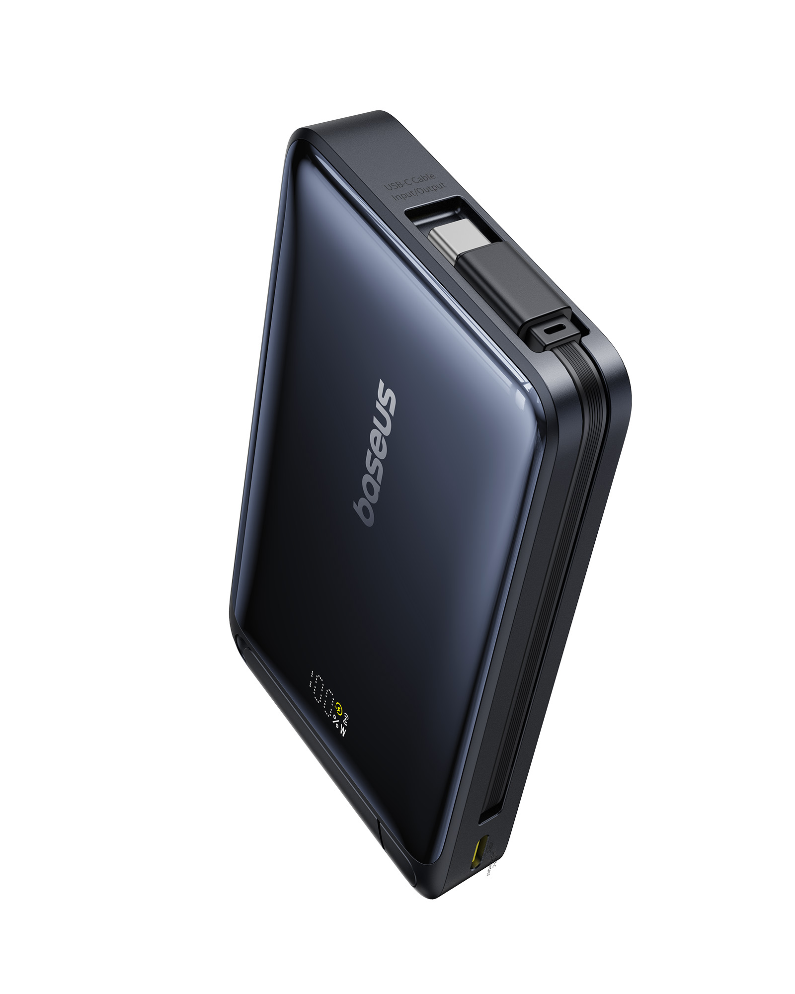 Power bank Baseus negra con cable USB-C y pantalla digital.