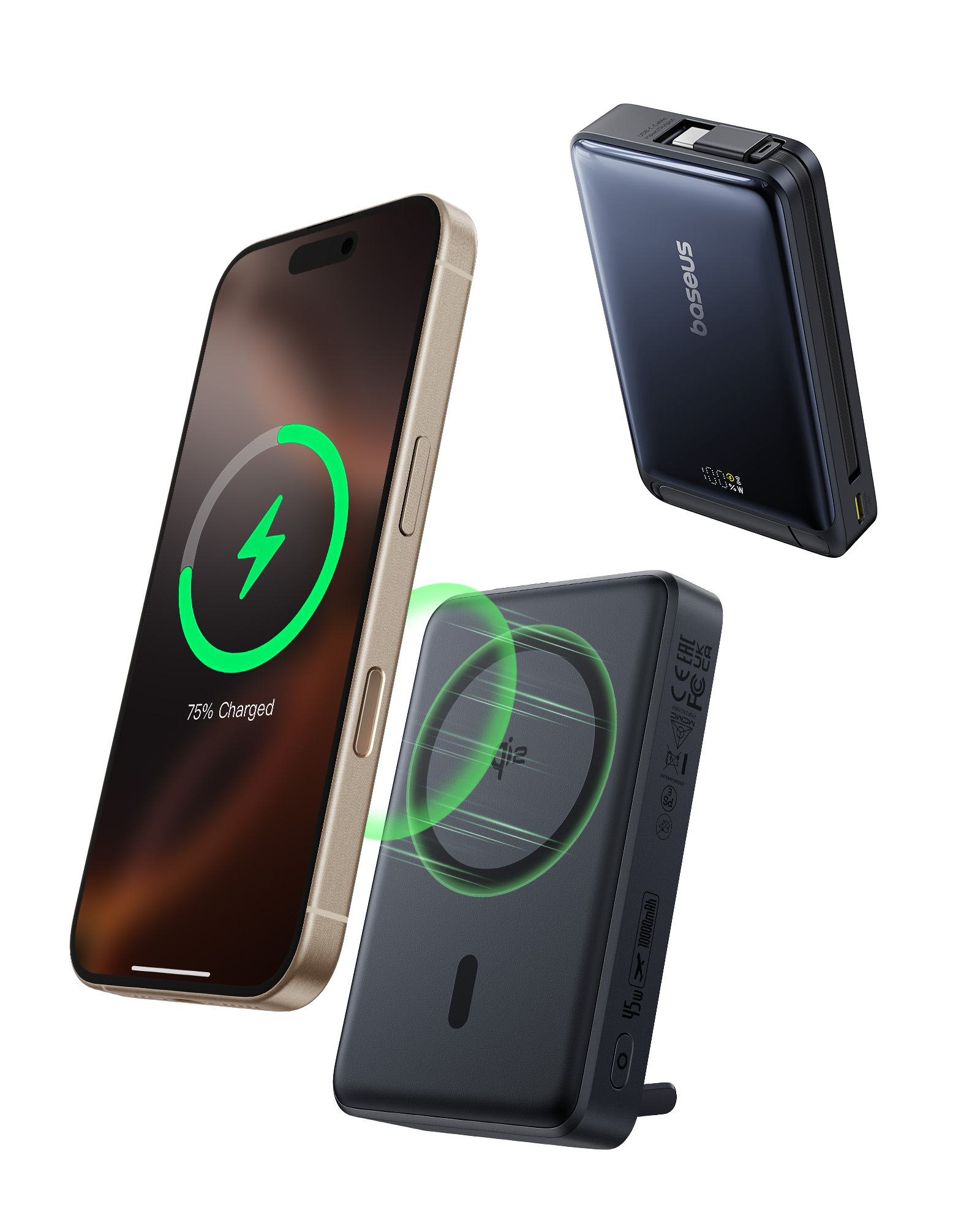 Un smartphone dorado con 75% de carga y dos baterías externas negras.