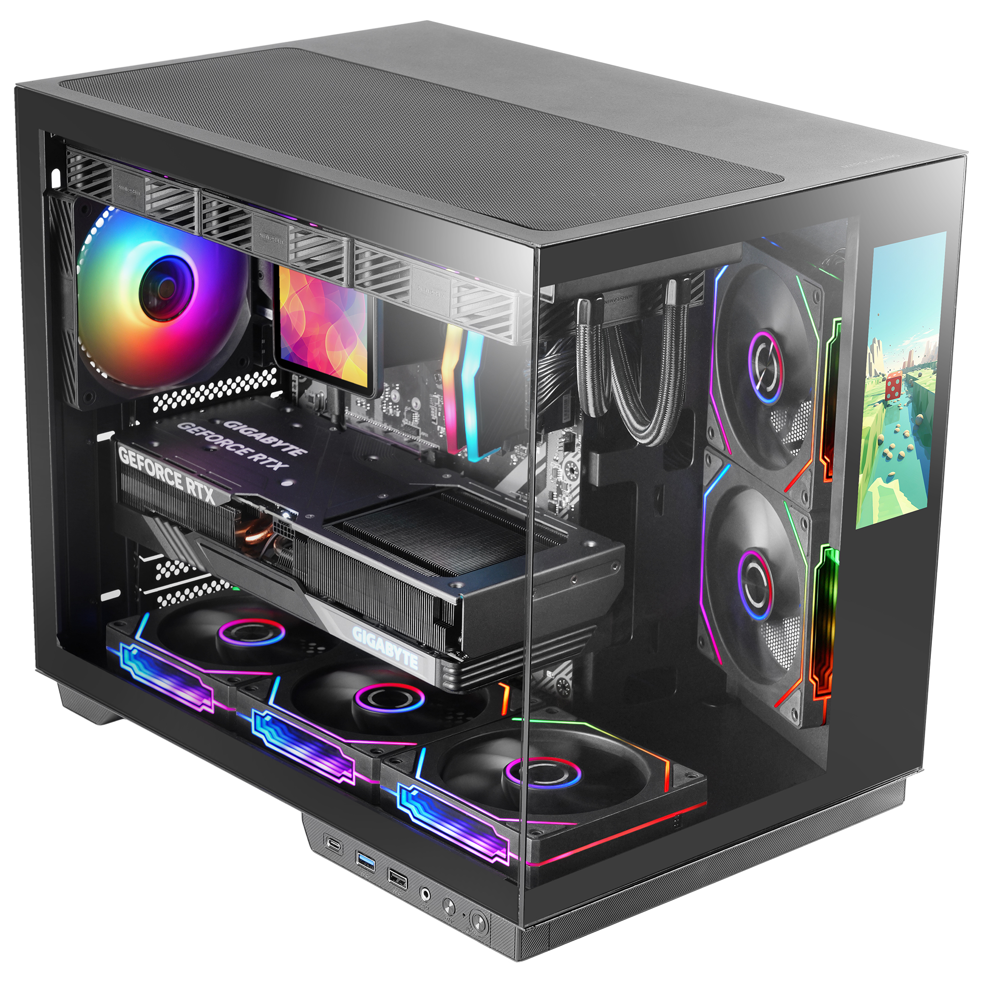 Obudowa PC z szklanym frontem, wentylatorami RGB i kartą graficzną.
