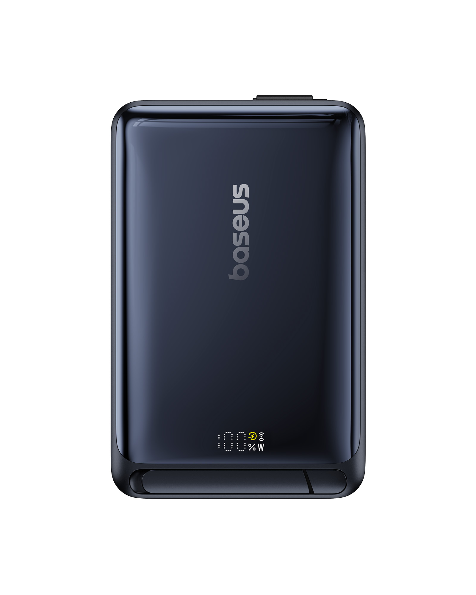 Power bank Baseus azul oscuro con 100% de carga y visualización de vatios.